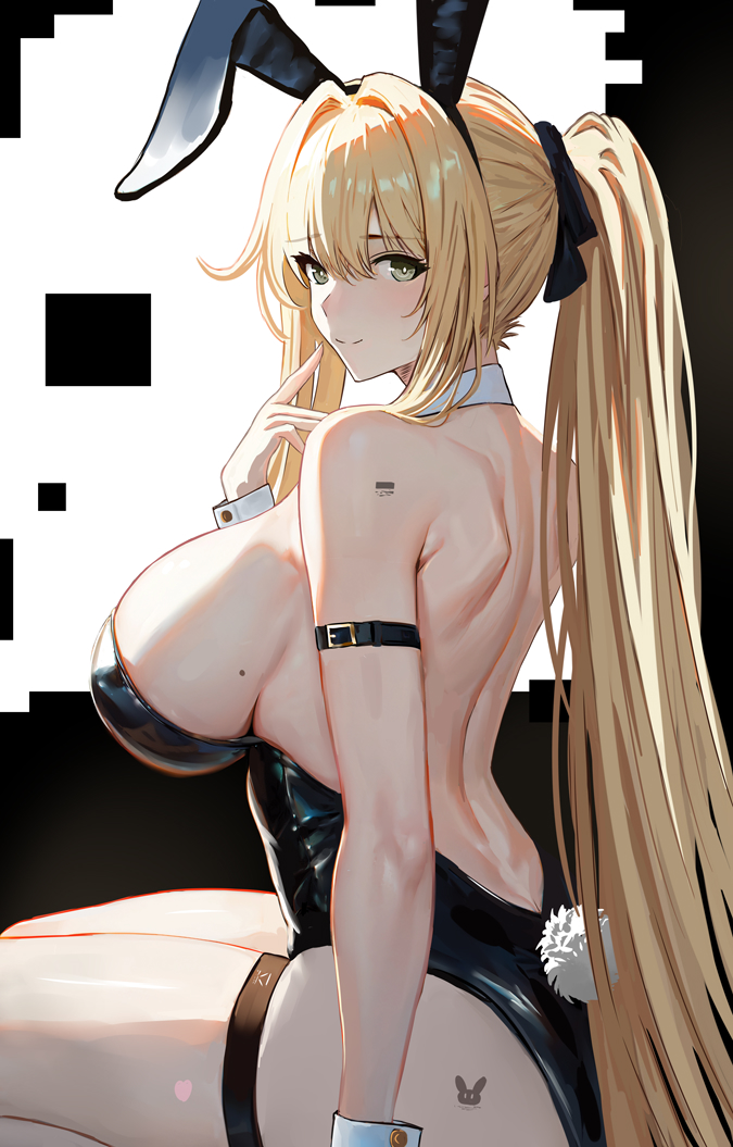 1girls bianca_(punishing:_gray_raven) blonde_hair blush bunny_ears bunnysuit female large_breasts punishing:_gray_raven robot_girl sitting smile solo tattoo yellow_eyes