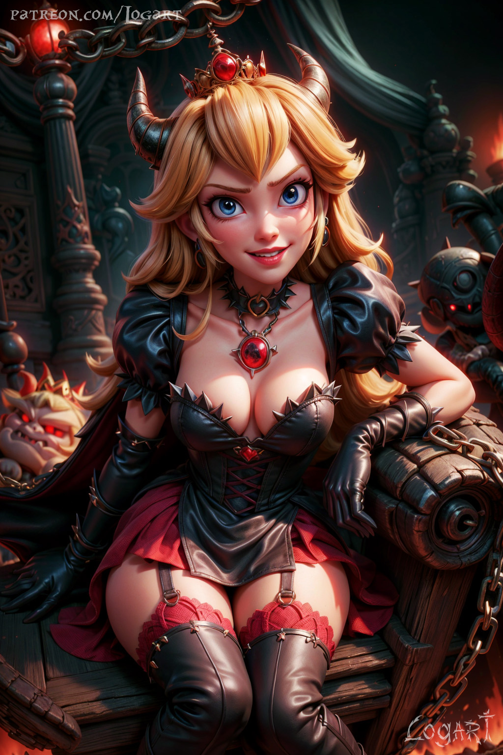 1girls absurdres ai_generated big_breasts blonde_hair blue_eyes boots breasts cartoony cleavage clothing corrupted corruption demon demon_girl demonic detailed dominant_female dominatrix evil_smile female female_only hell high_heels high_quality highres horns hourglass_figure large_breasts latex leak leaked logart long_hair looking_at_viewer mario_(series) nintendo princess_peach sadistic_girl seductive sensitive smile smiling solo stable_diffusion standing tiara