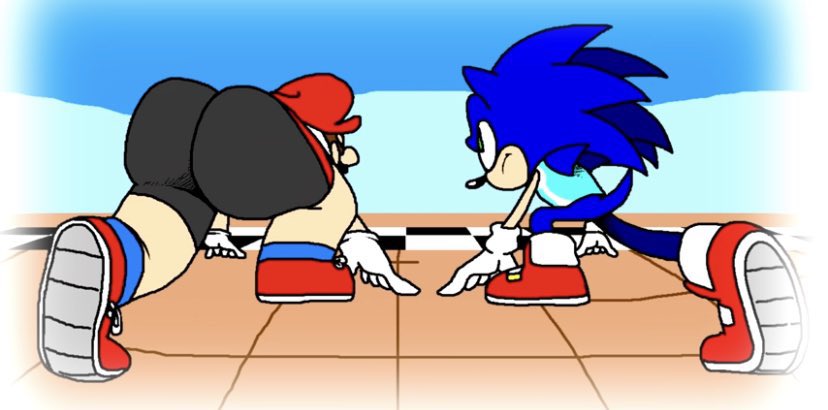 2boys ass bubble_ass bubble_butt large_ass male male_only mario mario_(series) mario_and_sonic_at_the_olympic_games nintendo sega sneakers sonic_(series) sonic_the_hedgehog sonic_the_hedgehog_(series) sportswear starting_block track_and_field