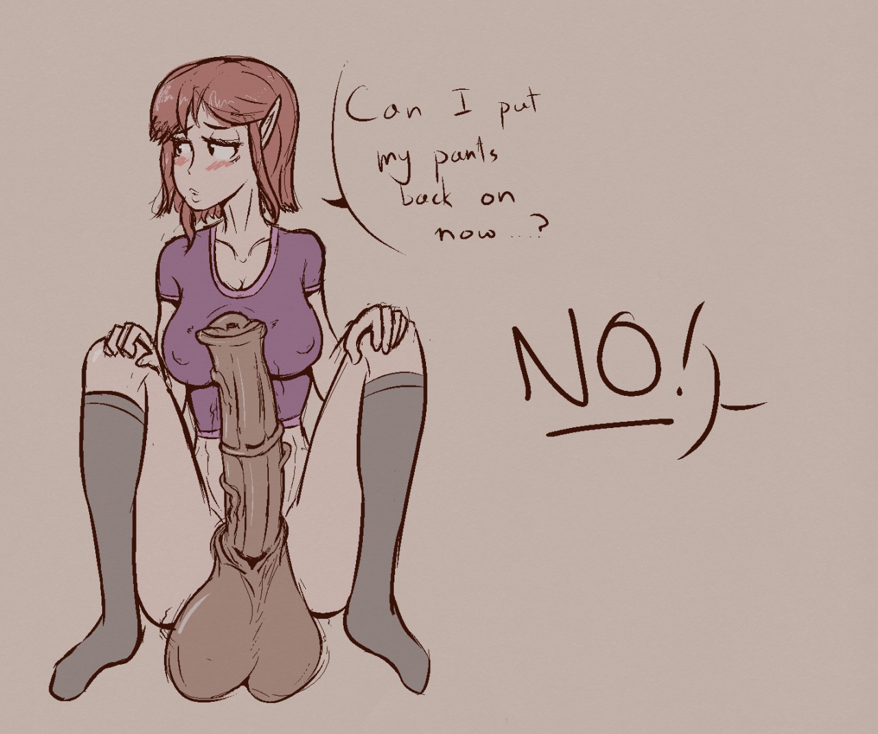 1futa, animal genitalia, animal genitalia on humanoid, balls, big penis, blush, bottomless, brown hair, clothed, clothing, dialogue, elf, elf ears, embarrassed, erect nipples, futa only, futanari, horsecock, horsecock on humanoid, huge balls, huge cock, human with animal genitalia, human with horsecock, intersex, kneehighs, large penis, looking away, nipples, nondescript, pale skin, partially clothed, penis, pointy ears, simple background, sitting, solo, solo futa, text, topwear, twitch lines