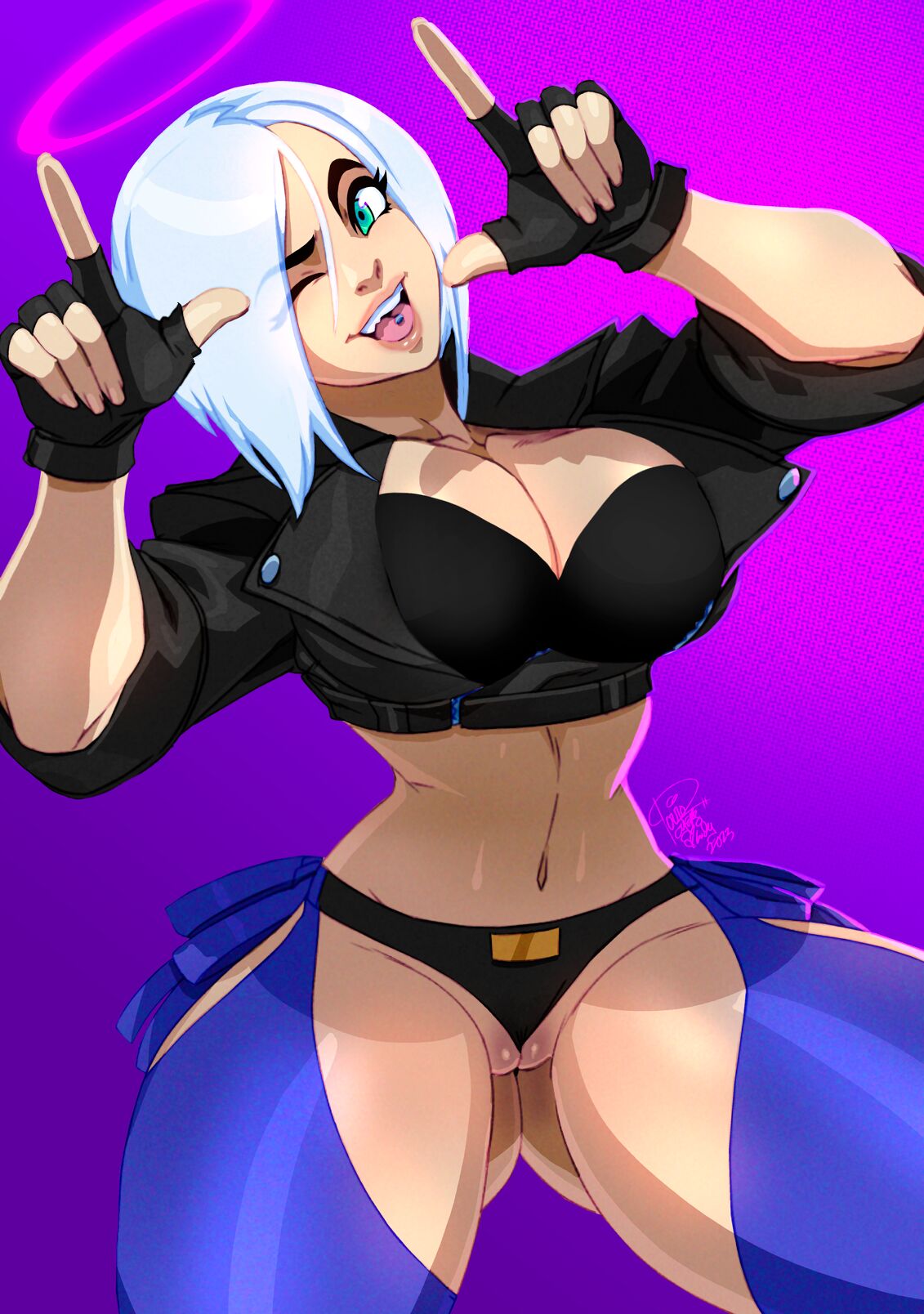 1girls, angel (kof), between labia, big breasts, blue eyes, breasts, clothed, clothing, color, eye closed, female, female focus, female only, hi res, innie pussy, jacket, king of fighters, large breasts, light skin, light-skinned female, looking at viewer, open mouth, piercings, pussy, pussy visible through clothes, short hair, snk, solo, solo female, tagme, thick thighs, tongue, tongue out, tovio rogers, white hair
