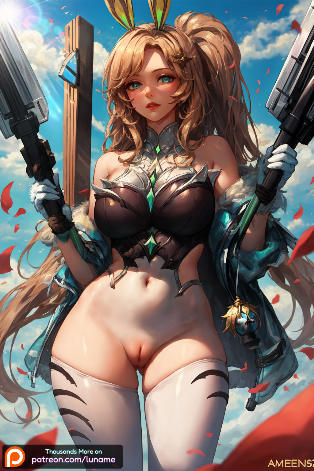 ai_generated anima_squad_series battle_bunny_miss_fortune blonde_hair blue_eyes bunny_ears female female_only girl gun league_of_legends long_hair luname outdoors pussy sarah_fortune