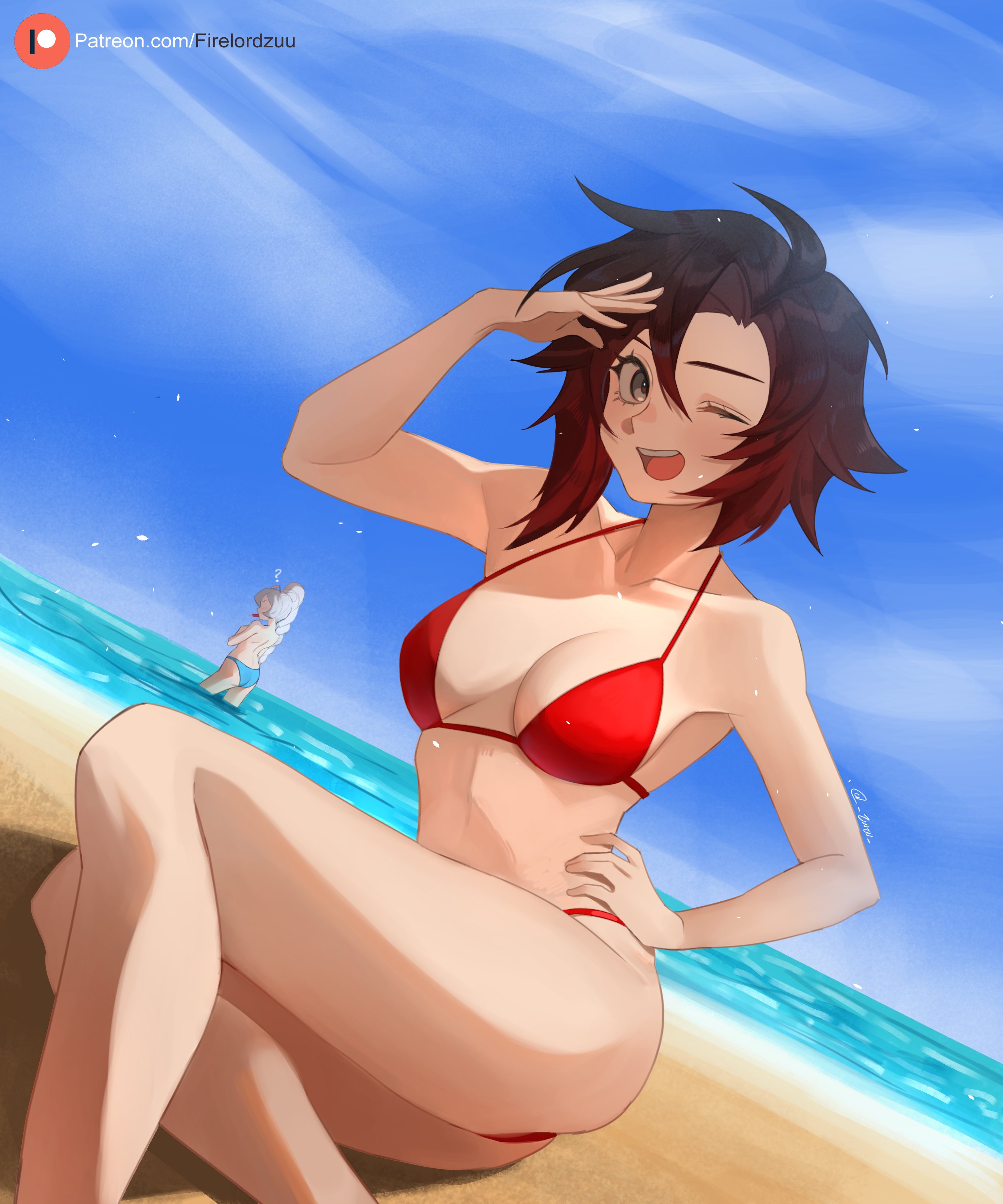 2girls, female, female only, firelordzuu, human, multiple females, multiple girls, red hair, ruby rose, rwby, silver eyes, solo focus, swimsuit, weiss schnee, white hair