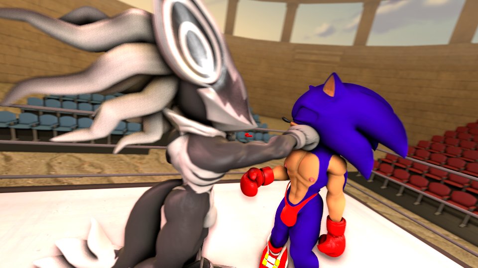 2boys 3d alternate_version_available blue_fur blue_hair boxing boxing_ring closed_eyes grey_fur hedgehog hi_res high_resolution highres infinite_(sonic) kabalmystic male male_only mask punch punching sega shoes sonic_(series) sonic_the_hedgehog spiked_collar sunboye sunboye_(artist) tagme tail thong white_hair