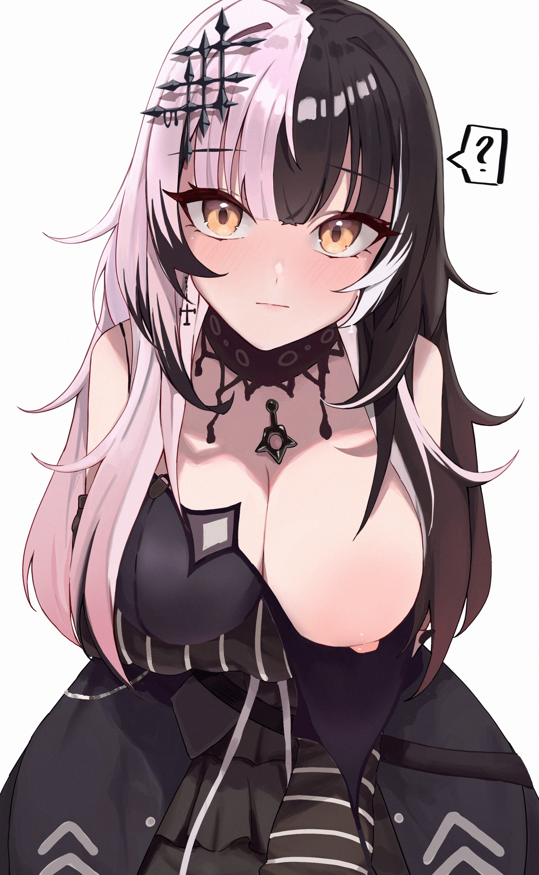 1girls, areola, areola slip, big breasts, black hair, breasts, female, female only, hair ornament, hololive, hololive english, hololive english -advent-, huge breasts, light skin, light-skinned female, nipples, one breast out, shiori novella, solo, split-color hair, spoken question mark, vicarious (vicillust), virtual youtuber, white hair, yellow eyes