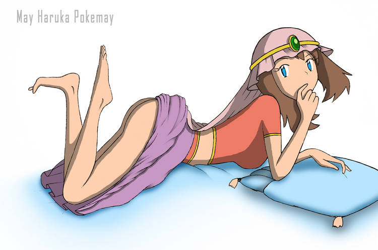 1girls alternate_costume arabian_clothes ass bed belly_dancer belly_dancer_outfit bellybutton blue_eyes brown_hair contest_dress feet female female_only harem_girl harem_outfit may_(pokemon) may_(pokemon)_(arabian_princess) mayharukapokemay official_alternate_costume orange_shirt pillow pokemon pokemon_(anime) pokemon_rse