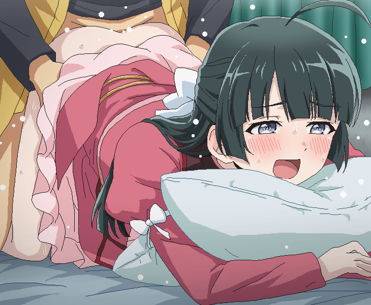 1boy ahoge all_fours black_hair blue_eyes blush character_request clothed_sex commentary_request doggy_style dress female long_hair open_mouth pillow red_dress saikyou_tank_no_meikyuu_kouryaku_~tairyoku_9999_no_rare_skill-mochi_tank_yuusha_party_wo_tsuihou_sareru~ sex sex_from_behind solo_focus straight sweat tomu_(tomubobu) torso_grab