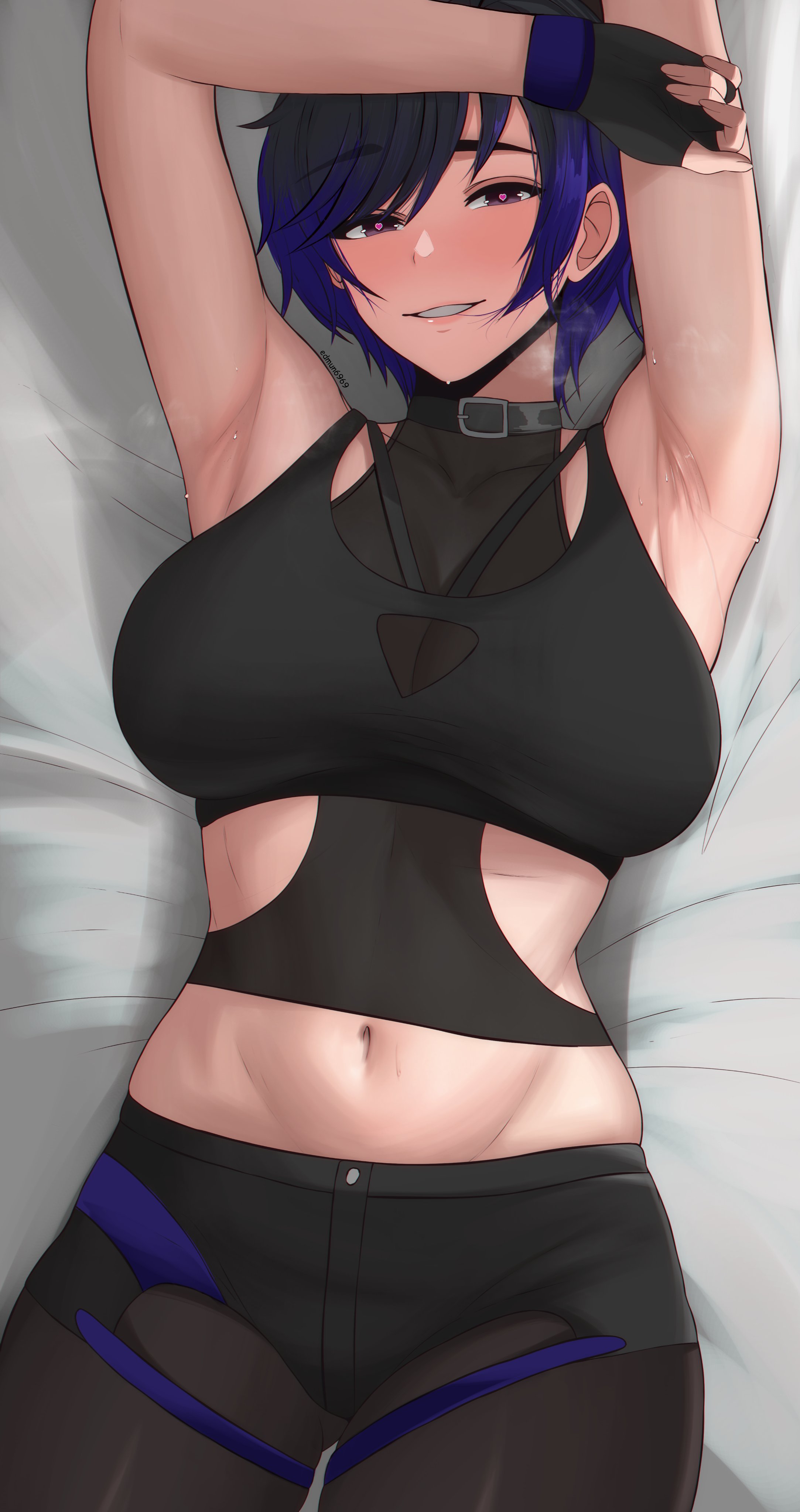 1girls, abs, armpits, bed, bedroom, big breasts, breasts, edmun, female, female only, fully clothed, heart-shaped pupils, light skin, light-skinned female, looking at viewer, navel, reina mishima, solo, steam, steaming body, sweat, sweaty armpits, tekken, tekken 8
