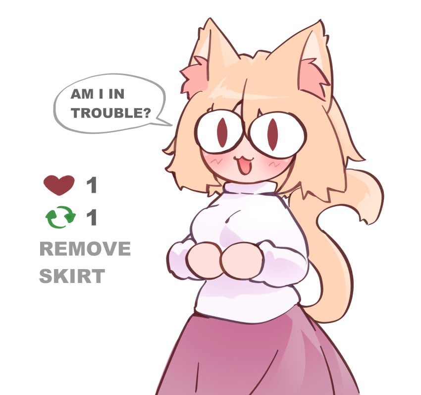 1girls 2d anthro big_ass big_t blonde_female blonde_hair blonde_hair_female cat_ears cat_girl cat_humanoid cat_tail catgirl challenge english english_dialogue english_text feline female female_only heart lefantis like_and_retweet like_icon meme neco-arc nude nude_female pink_bottomwear pink_clothing pink_skirt pink_tuft question red_eyes retweet retweet_(meme) retweet_challenge retweet_icon simple_background tagme tagme_(artist) talking_to_another tsukihime turtleneck type-moon white_background white_clothing white_shirt white_turtleneck