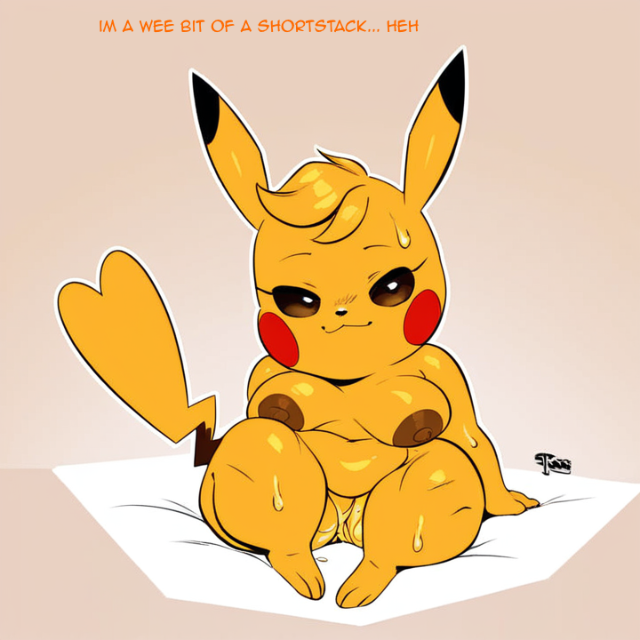 ai_generated anthro anthrofied areola bed bedding bedroom_eyes big_breasts bodily_fluids breasts cleft_tail dipstick_ears female fur furniture generation_1_pokemon genitals hellsonger hi_res kanna_(joaoppereiraus) looking_at_viewer mammal multicolored_ears navel nintendo nipples nude pikachu pokemon pokemon_(species) pokemorph pussy pussy_juice seductive short_stack simple_background sitting slightly_chubby smile solo sweat text thick_thighs yellow_body yellow_fur