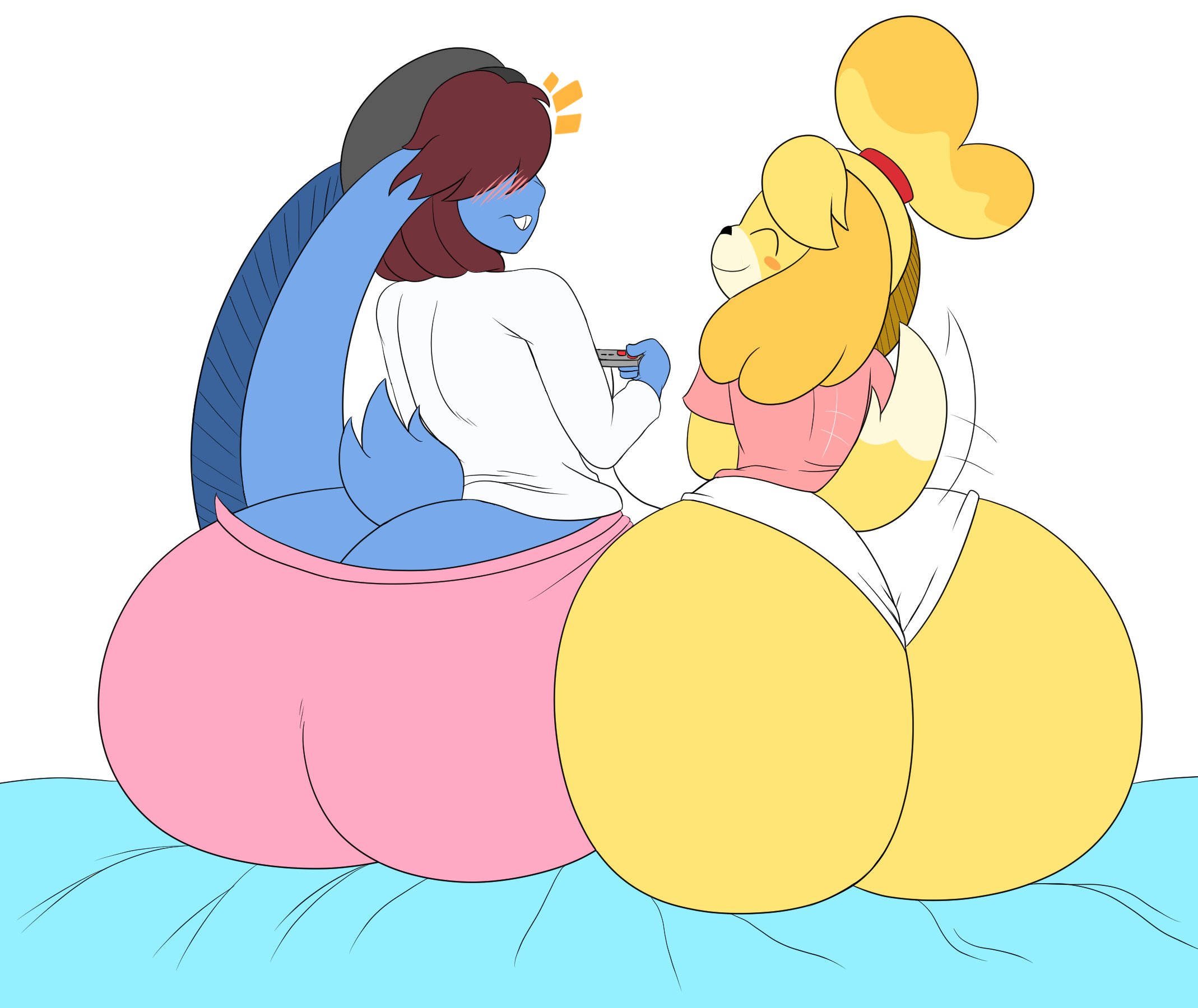 1boy, 1girls, animal crossing, anthro, ass, ass cleavage, ass crack, blue fur, bottom heavy, bunny boy, butt crack, closed eyes, female, femboy, flat colors, furry, gress (retrogress), huge ass, isabelle (animal crossing), large ass, male, mechspazer, nintendo, original character, panties, tail, thick ass, white background, yellow fur