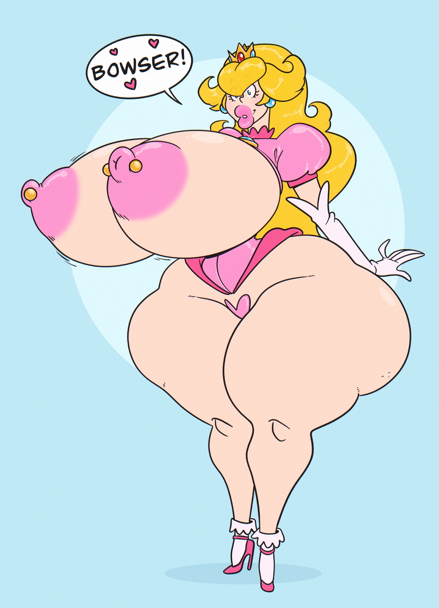 1girls, ass, bad anatomy, big lips, bimbo, bimbofication, blonde hair, blue background, boobs, booty, breasts, cellulite, curves, curvy, female, female only, full body, galacticgoodie, high heels, hyper, hyper ass, hyper bimbo, hyper boobs, hyper breasts, hyper butt, hyper tits, lips, long hair, mario (series), nintendo, nipple piercing, nipples, piercing, piercings, pink lips, princess peach, simple background, solo, speech bubble, standing, text, thicc, thick, tits