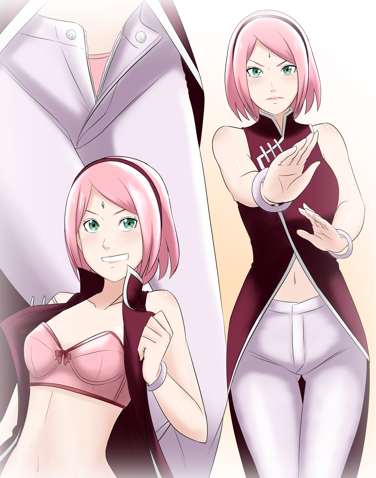 1girls, blush, boruto: naruto next generations, bra, bracelets, clothing, facial mark, female, female only, fighting stance, forehead mark, green eyes, grin, hairband, looking at viewer, naruto, naruto (series), open clothes, open pants, panties, pink hair, sakura haruno, smile, solo, teasing, underwear, undressing, wide hips