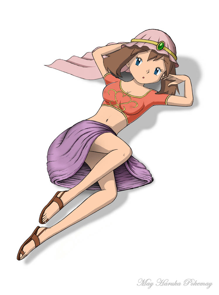 1girls alternate_costume arabian_clothes armpits arms_up belly_dancer belly_dancer_outfit bellybutton blue_eyes breast_grab brown_hair contest_dress female female_only foot_fetish harem_girl harem_outfit may_(pokemon) may_(pokemon)_(arabian_princess) mayharukapokemay official_alternate_costume orange_shirt pokemon pokemon_(anime) pokemon_rse resting sandals simple_background small_breasts