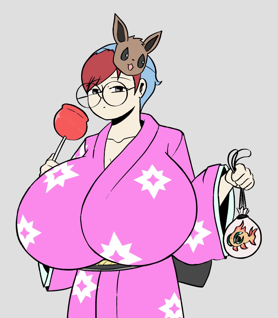1000th_post 1girls 2024 2d 2d_(artwork) :| alternate_breast_size apple big_breasts blue_hair breasts candy candy_apple eevee facemask female fish gigantic_breasts goldfish grey_eyes holding_bag holding_object huge_breasts kimono kingmelon large_breasts looking_at_viewer mask nintendo penny_(pokemon) plastic_bag pokemon pokemon_sv red_hair short_hair solo solo_female white_skin