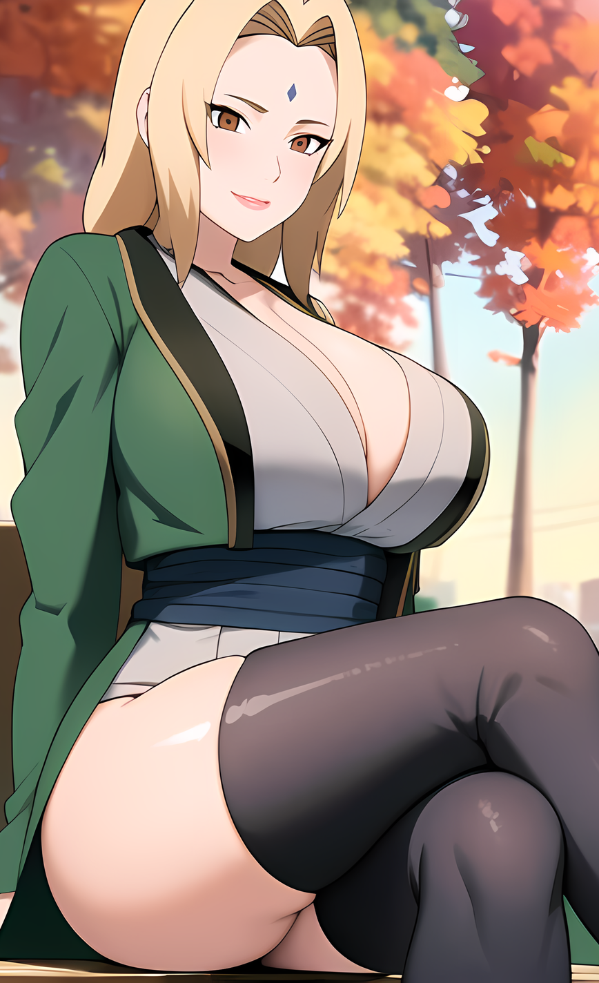 1girls adult ai_generated big_ass big_breasts blonde_hair boruto:_naruto_next_generations brown_eyes female female_only forehead_mark green_kimono kimono long_sleeves looking_at_viewer mature_female milf mommy naruto outside sitting smile solo stockings tsunade