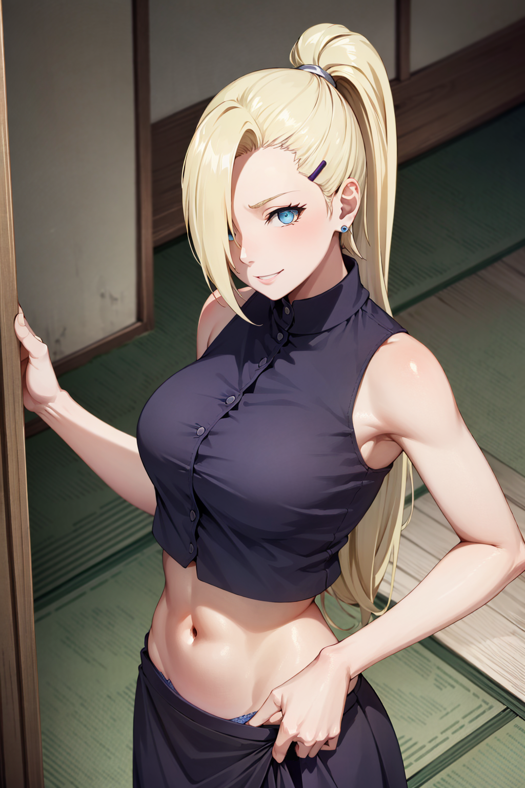 1girls ai_generated arm_support bare_midriff bare_shoulders big_breasts blonde_hair blue_eyes boruto:_naruto_next_generations breasts clothing crop_top earrings ero24365 female female_focus hair_ornament hair_over_one_eye hairclip huge_breasts ino_yamanaka jewelry light-skinned_female light_skin long_hair mature mature_female midriff nai_diffusion naruto naruto_(series) panties panty_peek shirt skirt solo solo_focus stable_diffusion standing teasing underwear undressing very_long_hair