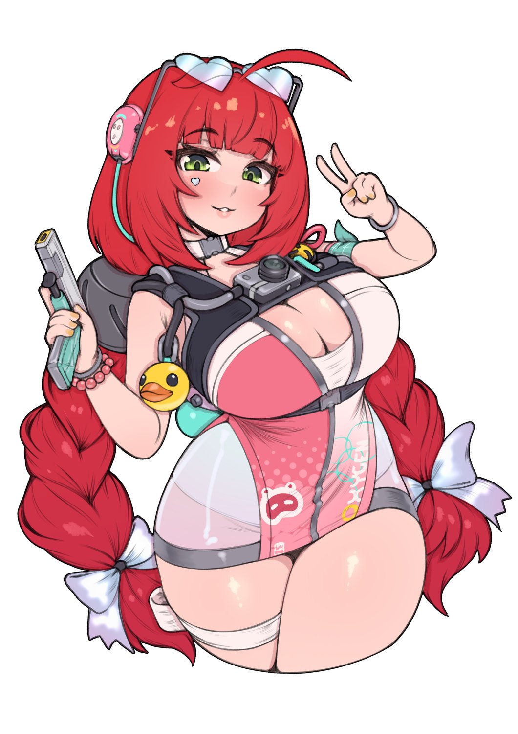 1girls, ahoge, big breasts, blush, braided hair, breasts, cleavage, clothed, clothing, female, female focus, female only, glasses, glasses on head, glistening, green eyes, gun, heart glasses, heart-shaped glasses, highres, looking at viewer, official alternate costume, peace sign, red hair, solo, solo female, solo focus, swimsuit, thick thighs, tight clothing, twintails, ukinami yuzuha, ukinami yuzuha (tanuki in broad daylight), v sign, white background, whomperfruit, zenless zone zero