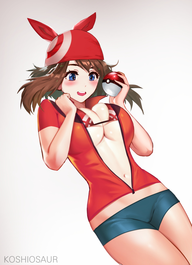 blue_eyes blush breasts brown_hair clothed clothing female female_protagonist koshiosaur may_(pokemon) pokemon simple_background smile tagme white_background