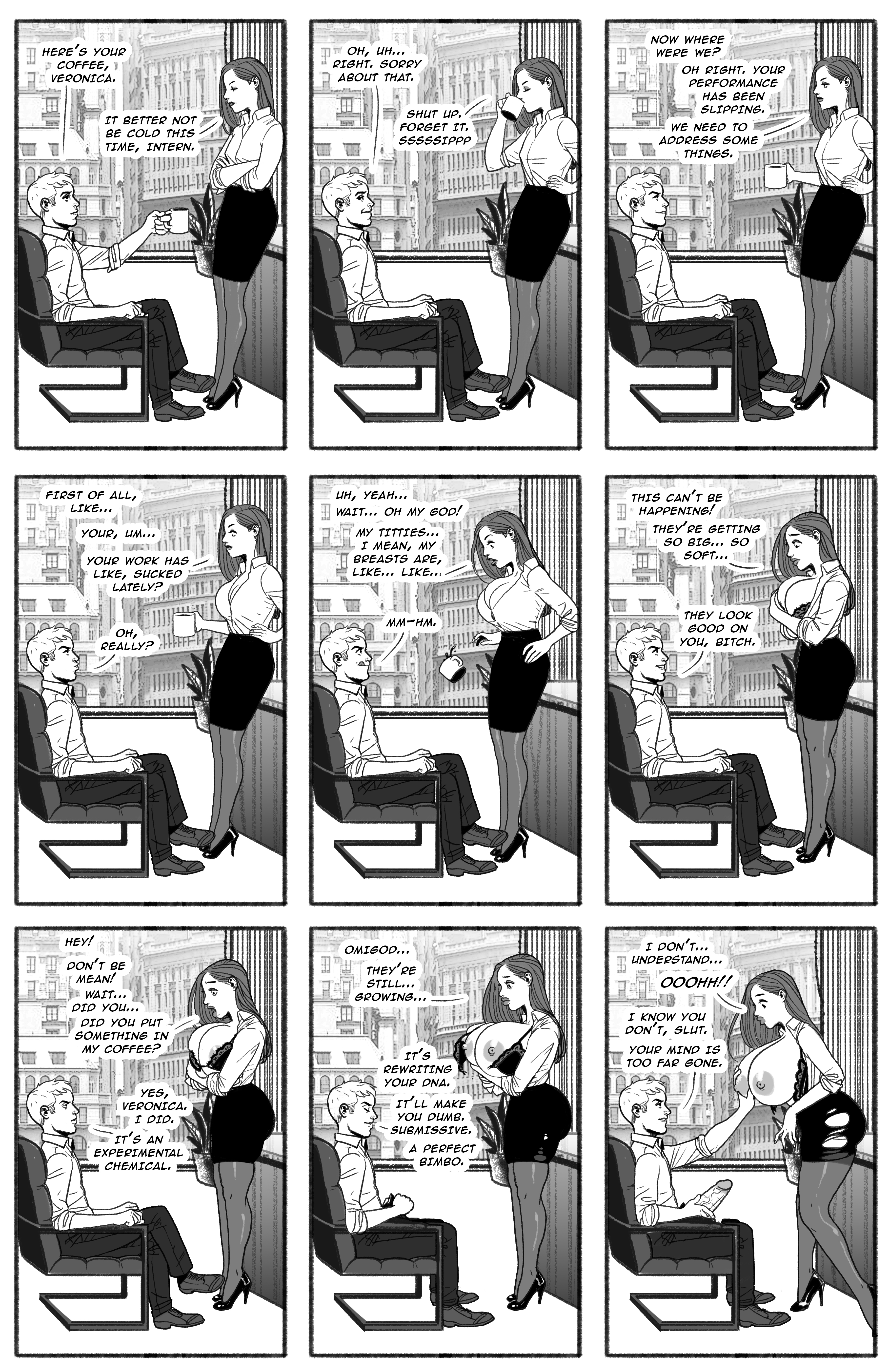 1boy, 1girls, ass expansion, bimbo, bimbofication, black and white, brain drain, breast expansion, breast growth, breast growth (enlargement), breasts, comic, drugged, female, femsub, huge breasts, identity death, large breasts, male, maledom, monochrome, office lady, pegasus (artist), transformation