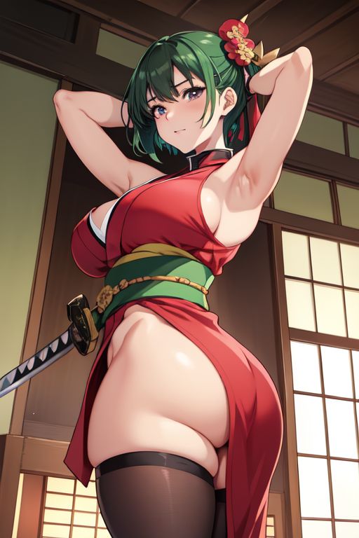 ai_generated allyson_haruhi armpits arms_up black_eyes black_hair breasts curvy_body curvy_figure enbizaka_no_shitateya green_hair green_obi huge_ass huge_breast huge_butt japanese_house katana kimono kunoichi original original_character red_kimono toxicmonkeyz yellow_hairpin