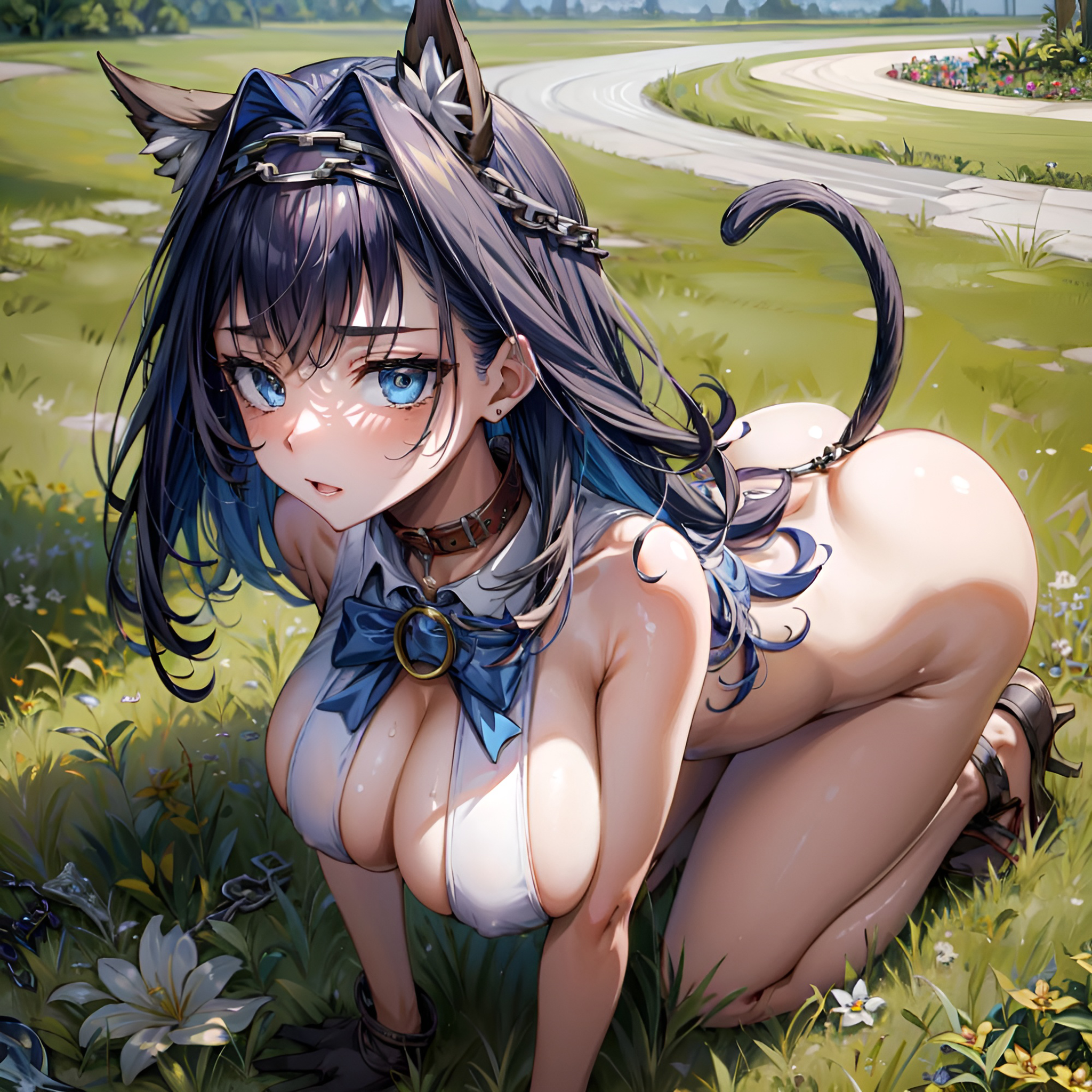 1girls, ai generated, all fours, arbitrary, blue eyes, blue hair, bottomless, breasts, cat ears, cat girl, cat tail, cateronii, catgirl, cleavage, collar, female, grass, hi res, hololive, hololive english, hololive english -council-, hololive english -promise-, large breasts, mostly nude, ouro kronii, outdoors, outside, petplay, solo, stable diffusion, virtual youtuber