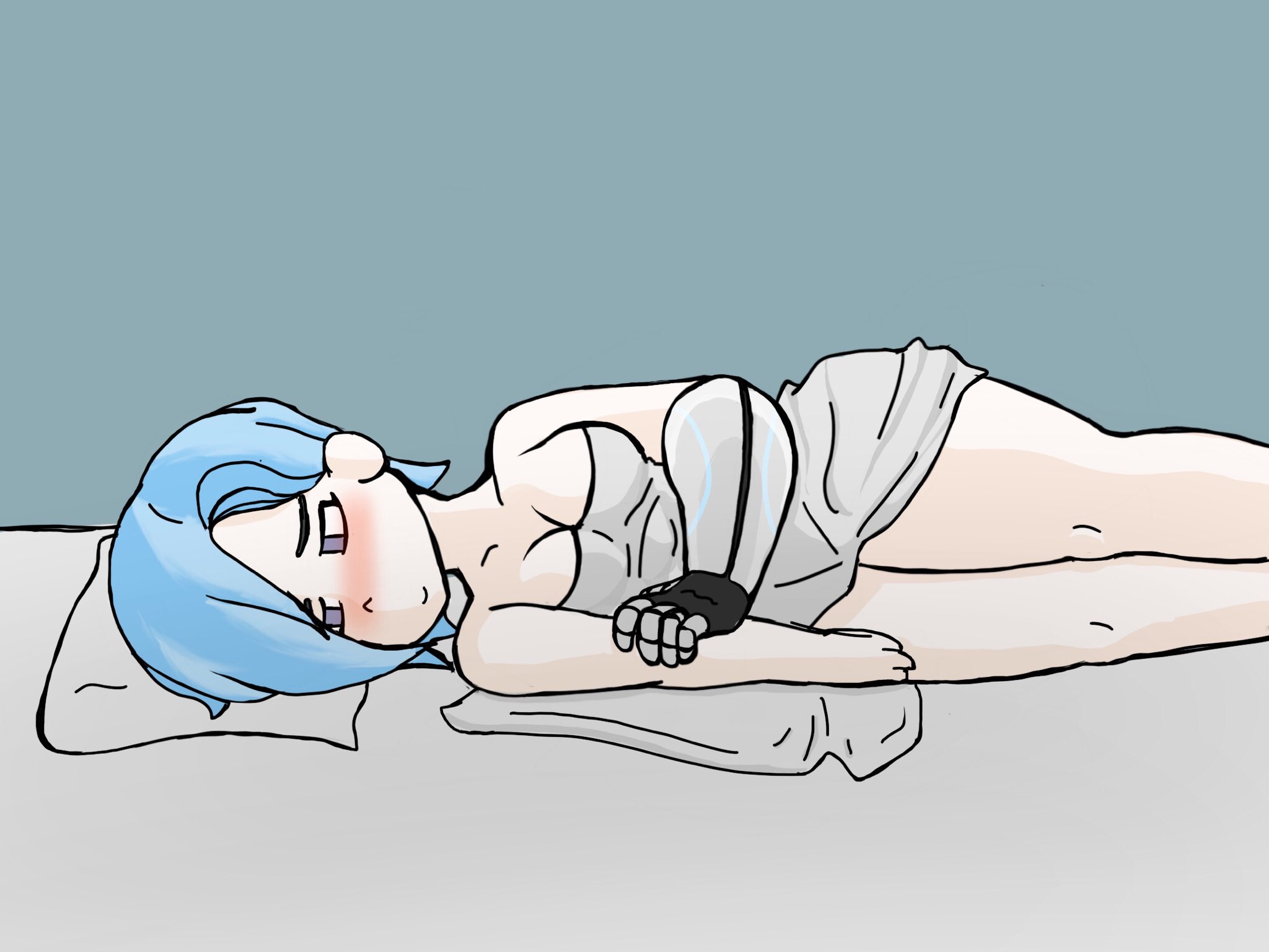 1girls, bed, bed sheet, bedroom, blanket, blue hair, blush, breasts, covering breasts, female, female only, pillow, smg4, smg4 art, smile, tari (smg4)