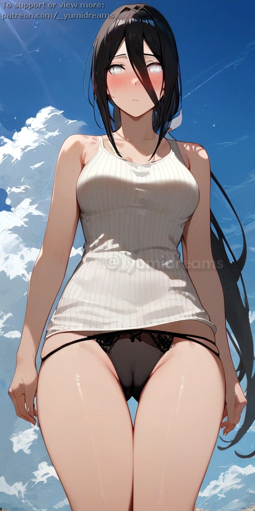 _yumidreams ai_generated black_panties boruto:_naruto_next_generations boruto:_two_blue_vortex cameltoe clouds hyuuga_hanabi kunoichi long_hair medium_breasts naruto outdoors ponytail shueisha sky thigh_focus tv_tokyo white_eyes white_shirt