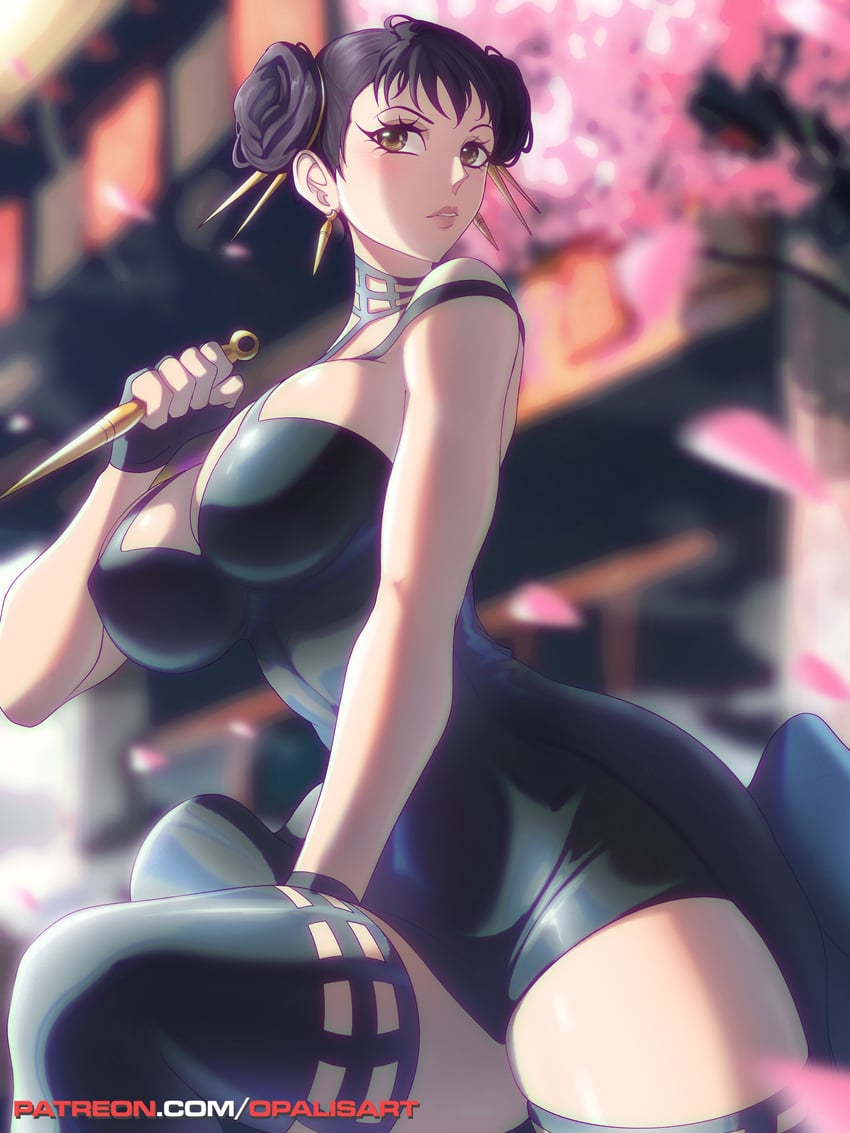 1girls absurdres assassin bare_arms bare_shoulders big_breasts black_gloves black_thighhighs blurry blurry_background breasts brown_eyes brown_hair chun-li cityscape cleavage commentary cosplay crossover_cosplay dagger double_bun female female_human female_only fingerless_gloves fully_clothed gloves hair_bun high_heels highres holding holding_dagger holding_knife holding_weapon human knife large_breasts light-skinned_female looking_at_viewer mature_female opalisart short_hair slim_waist solo spy_x_family standing standing_on_one_leg stiletto_(weapon) street_fighter thick_thighs thighhighs thighs thorn_princess twisted_torso underwear weapon yor_briar_(cosplay) yor_forger