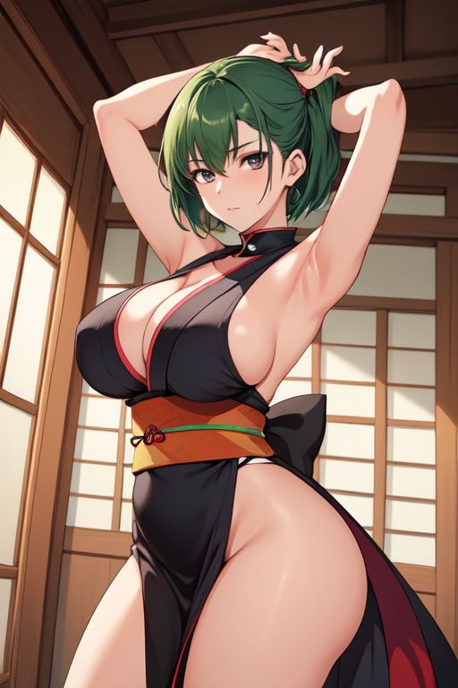 ai_generated allyson_haruhi black_eyes black_hair breasts curvy_body curvy_figure green_hair huge_ass huge_breast huge_butt kunoichi kunoichi_dress original original_character short_hair toxicmonkeyz