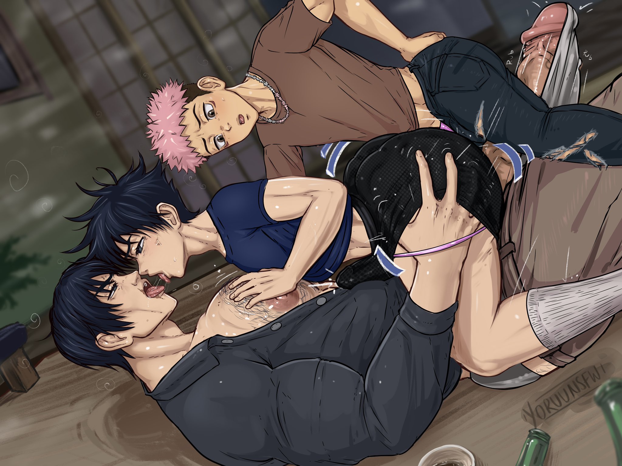 3boys, alternate version available, dad and son, father and son, fushiguro megumi, gay, incest, itadori yuuji, jujutsu kaisen, male, multiple boys, multiple males, toji fushiguro