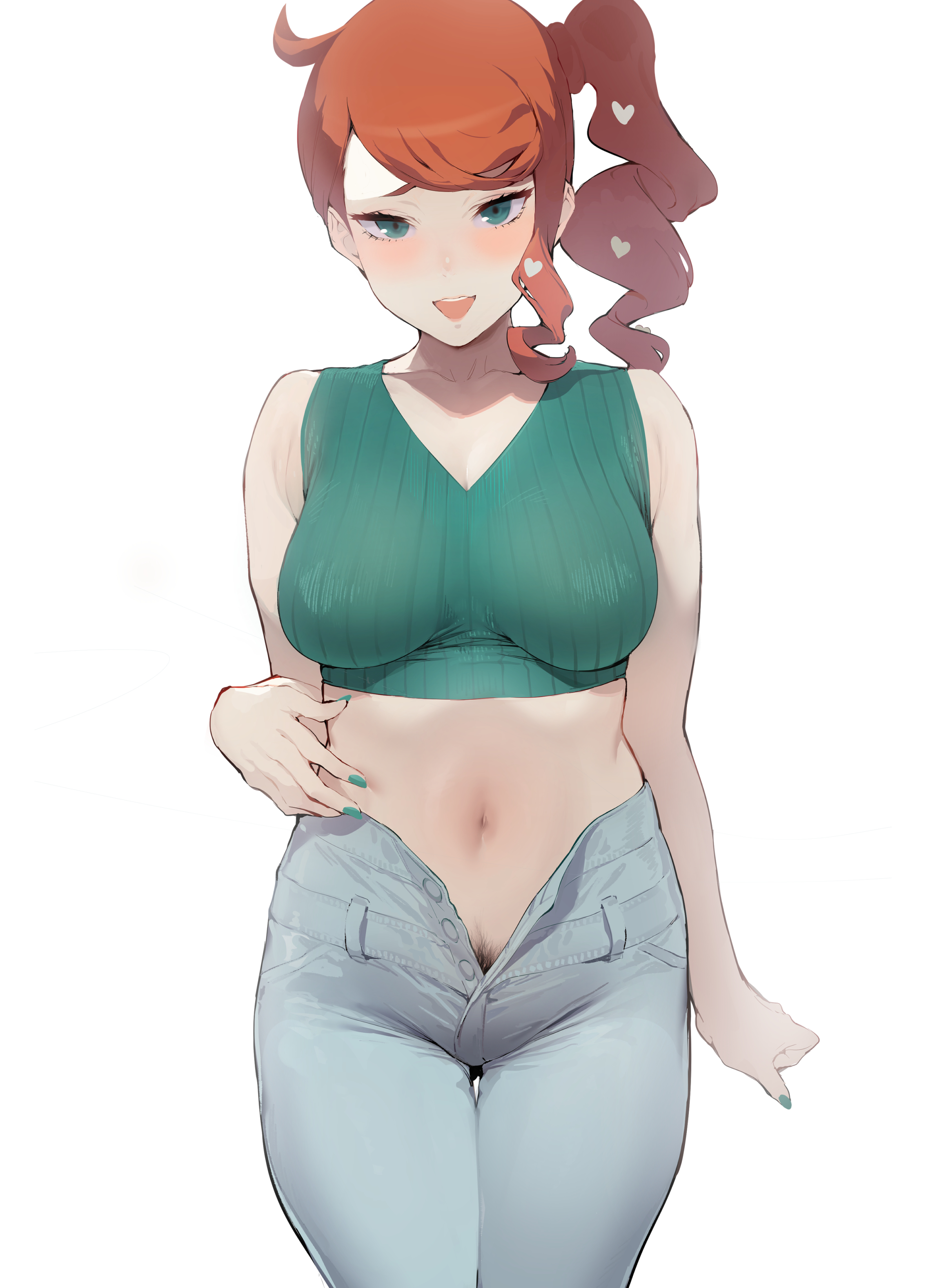 1girls, big breasts, breasts, female, hairy, human, iku (ikuchan kaoru), jeans, light skin, light-skinned female, nintendo, orange hair, pale skin, pale-skinned female, pokemon, pokemon ss, ponytail, pubic hair, side ponytail, sonia (pokemon), unzipped pants, white background