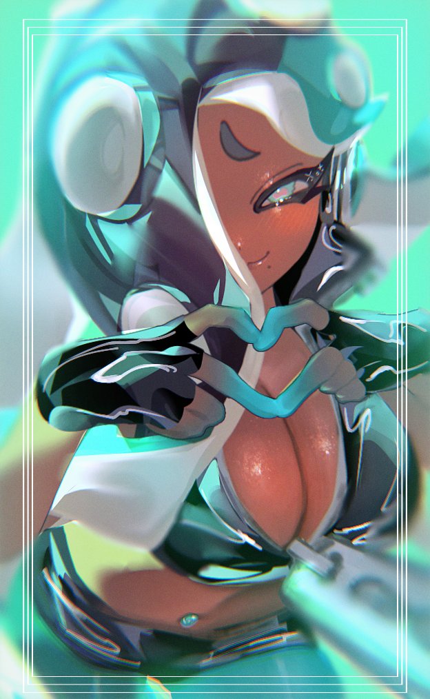 1girls, big breasts, blush, breasts, cleavage, crop top, dark skin, dark-skinned female, female, female only, fingerless gloves, gloves, green eyes, headphones, heart, heart hands, jakujaku444, large breasts, looking at viewer, marina (splatoon), nintendo, octoling, octoling girl, one eye covered, shorts, splatoon, tentacle hair