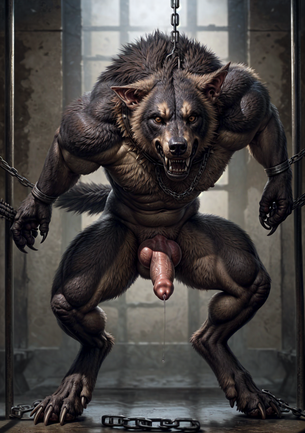 ai_generated canine chains cum cumming cumshot furry jerk_off knot male masturbation muscular_male prison realistic solo werewolf wolf