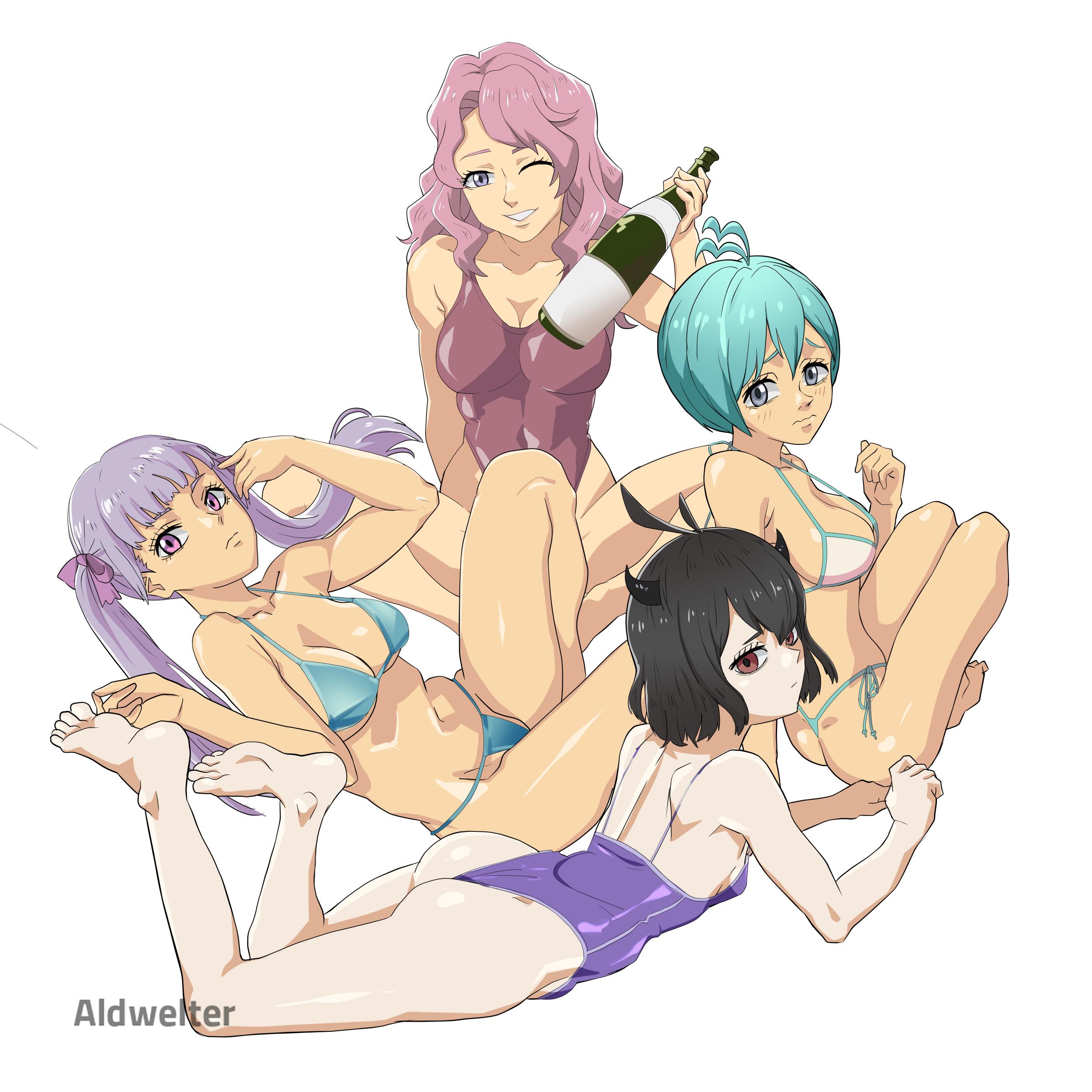 ;), 2d, 2d (artwork), 2d artwork, 4girls, adult, adult female, ahoge, alcohol, aldwelter, ankles, antenna hair, ass, ass cleavage, ass crack, bare armpits, bare arms, bare ass, bare belly, bare butt, bare calves, bare chest, bare hands, bare hips, bare knees, bare legs, bare midriff, bare navel, bare shoulders, bare skin, bare soles, bare thighs, bare toes, barefoot, belly, belly button, bewitching thighs, big breasts, bikini, bikini bottom, bikini only, bikini top, black bulls, black clover, black hair, black horn, black horns, black-haired female, blank expression, blank eyes, blank stare, blue bikini, blue bikini bottom, blue bikini top, blue eyebrows, blue eyes, blue hair, blue swimsuit, blue swimwear, blue-eyed female, blue-haired female, blush, blush face, blushing at viewer, blushing female, blushing lines, bored, bored expression, breasts, brown eyes, brown-eyed female, bubble ass, bubble butt, busty, busty female, busty girl, busty teen, butterfly sitting, calves, child bearing hips, cleavage, collarbone, curvaceous, curvaceous body, curvaceous female, curvaceous figure, curvaceous hips, curvaceous teen, curvaceous thighs, curvy, curvy ass, curvy body, curvy female, curvy figure, curvy hips, curvy teen, curvy thighs, digital, digital art, digital drawing, digital drawing (artwork), digital media, digital media (artwork), elbows, emotionless, exposed armpits, exposed arms, exposed ass, exposed belly, exposed butt, exposed chest, exposed hips, exposed legs, exposed midriff, exposed navel, exposed shoulders, exposed skin, exposed thighs, exposed toes, eye closed, feet, feet up, female, female focus, female only, fertile hips, fingers, foot up, full body, gluteal fold, grey (black clover), groin, hair between eyes, hair ribbon, hair tie, halterneck, high resolution, highres, horn, horns, hourglass figure, inguinal crease, inguinal ligament, knee up, knees, knees together, knees together feet apart, large boobs, large breasts, lean figure, leg up, legs, legs apart, legs closed, legs spread, legs together, legs together feet apart, legs up, linea alba, long hair, looking at viewer, looking back, looking back at viewer, looking up, looking up at viewer, lying, lying down, lying on breasts, lying on floor, lying on ground, lying on stomach, mature, mature female, medium hair, midriff, multiple females, multiple girls, narrow waist, navel, nervous, nervous expression, nervous face, nervous female, neutral expression, noelle silva, on breasts, on floor, on stomach, one eye closed, one eye open, one-piece swimsuit, parted bangs, parted lips, petite, petite body, petite breasts, petite female, petite girl, petite tits, pink bikini, pink eyebrows, pink hair, pink hair female, pink one-piece swimsuit, pink swimsuit, pink swimwear, pink-haired female, purple bikini, purple eyebrows, purple eyes, purple hair, purple hair ribbon, purple hair tie, purple one-piece swimsuit, purple ribbon, purple swimsuit, purple swimwear, purple-eyed female, purple-haired female, ribbon, secre swallowtail, short hair, shoulders, shy, shy expression, shy female, shy girl, side-tie bikini, simple background, sitting, sitting on ass, sitting on floor, sitting on ground, slender body, slender waist, slim waist, small breast, small breasts, smile, smiley face, smiling, smiling at viewer, soles, spread legs, spreading legs, spreading thighs, stomach, string bikini, swimsuit, swimwear, teenage tits, thick ass, thick butt, thick thighs, thighs, thighs together, tiny breasts, toes, twintails, twintails (hairstyle), vanessa enoteca, violet eyes, violet-eyed female, wavy hair, white background, white bikini, white bikini bottom, white bikini top, white swimsuit, white swimwear, wide hips, wink, winking, winking at viewer, winking eye