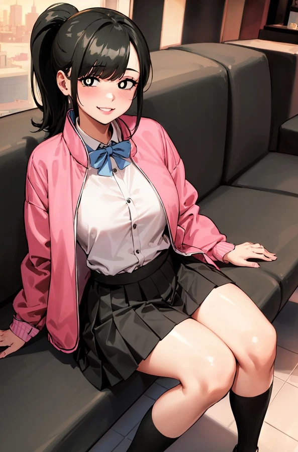 ai_generated bare_legs black_eyes black_hair girlfriend_(japanese_mcdonald's_commercial) large_breasts mcdonald's pink_jacket school_uniform stable_diffusion thick_thighs yoru_mac