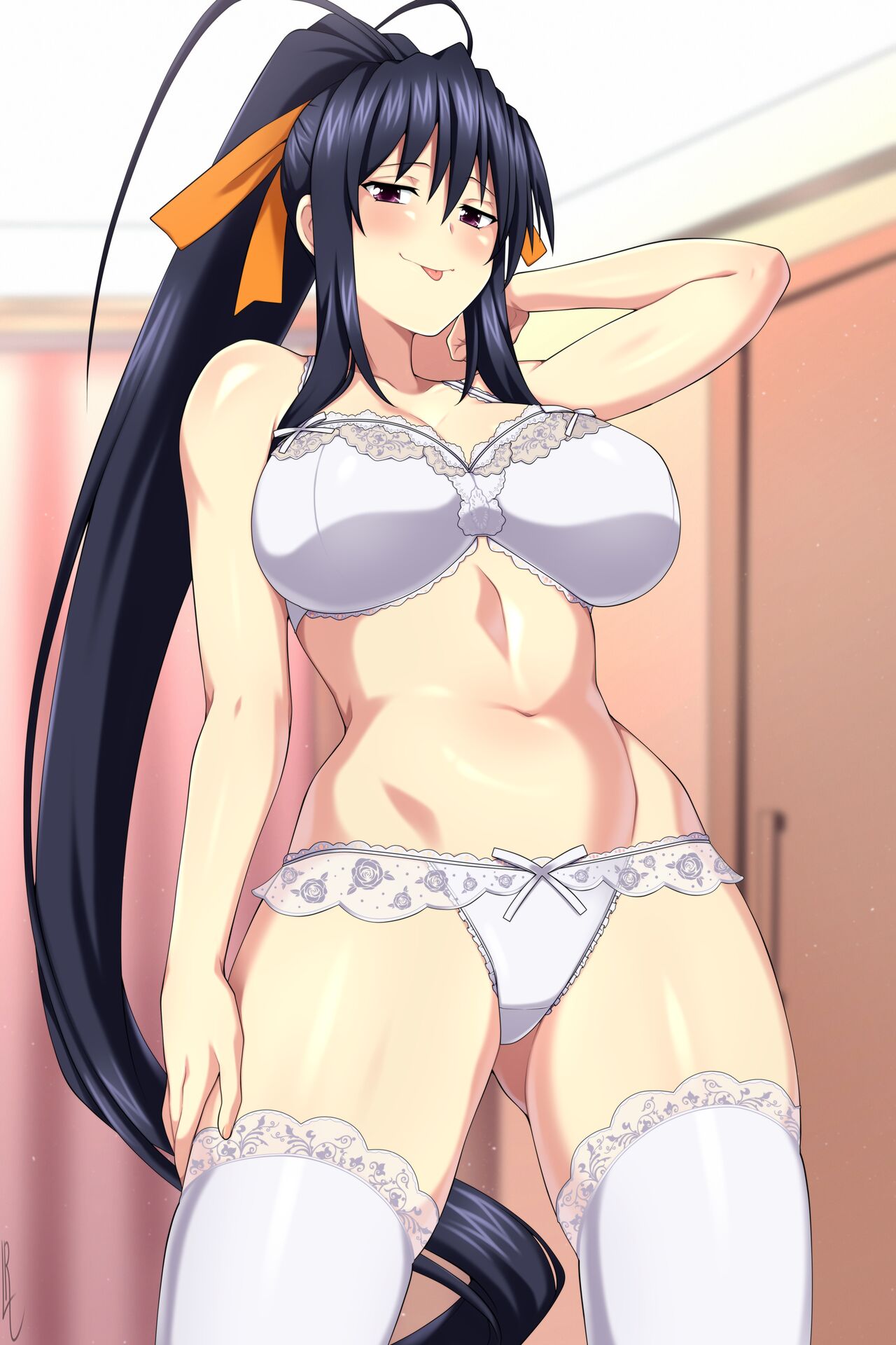 :p, 1girls, akeno himejima, black hair, bra, female, female only, high school dxd, lace trim, lindaroze, lingerie, long hair, looking at viewer, panties, purple eyes, stockings, tagme, thighhighs, underwear, white panties