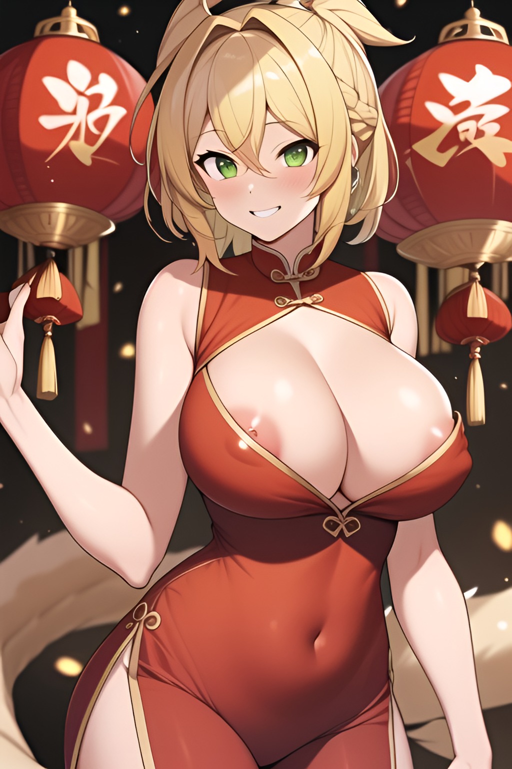 adeline_(oc) ai_generated areola_slip big_breasts blonde_hair chinese_clothes chinese_lantern chinese_new_year female female_only frosting.ai green_eyes human human_only lunar_new_year self_upload weedvee420 year_of_the_dragon