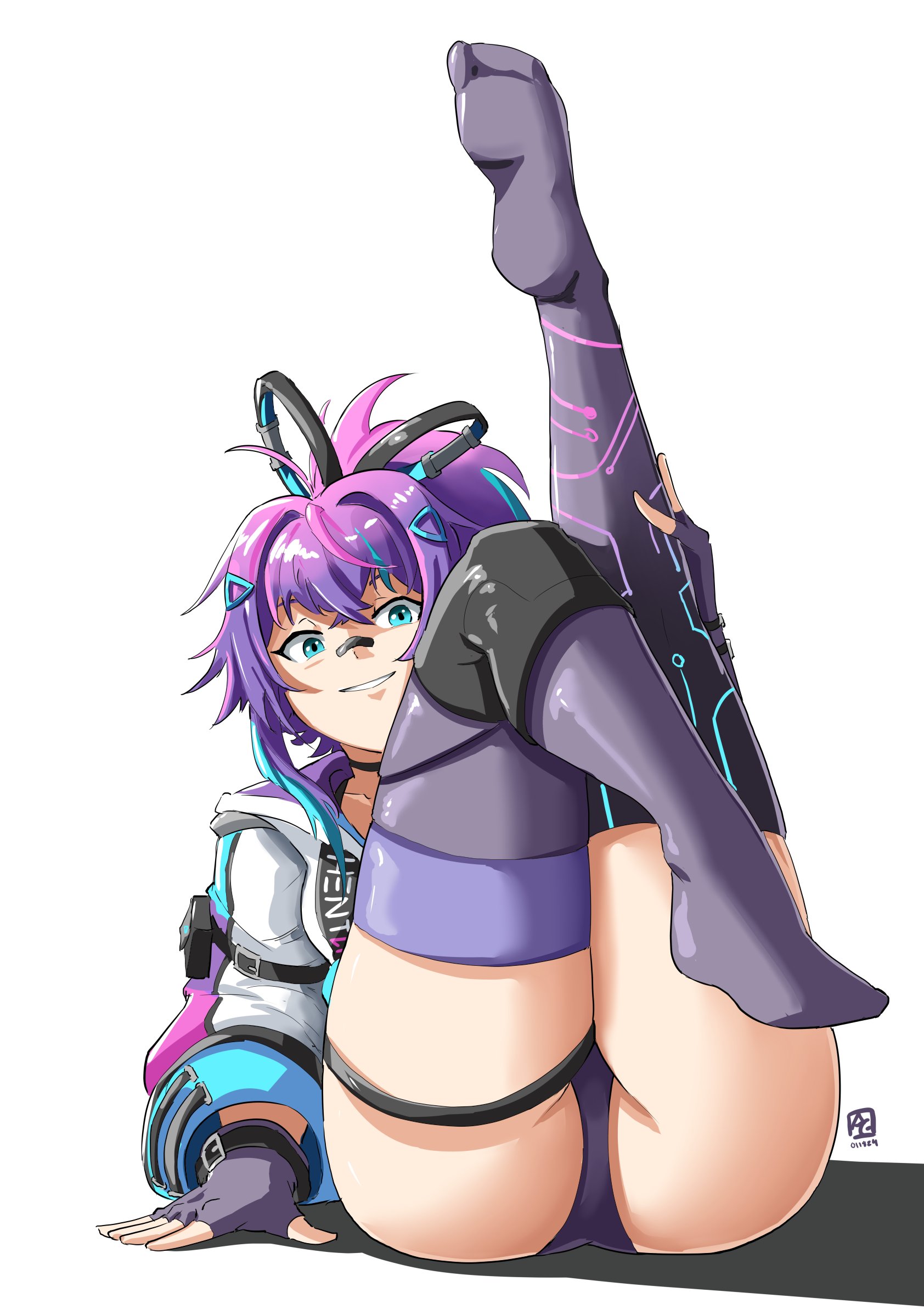ass, autolewd, female, female only, leggings, legs, legs up, light skin, light-skinned female, looking at viewer, lying on back, melody (projektmelody), panties, projektmelody, purple hair, solo, thigh strap, thighs, virtual youtuber, vshojo, vtuber