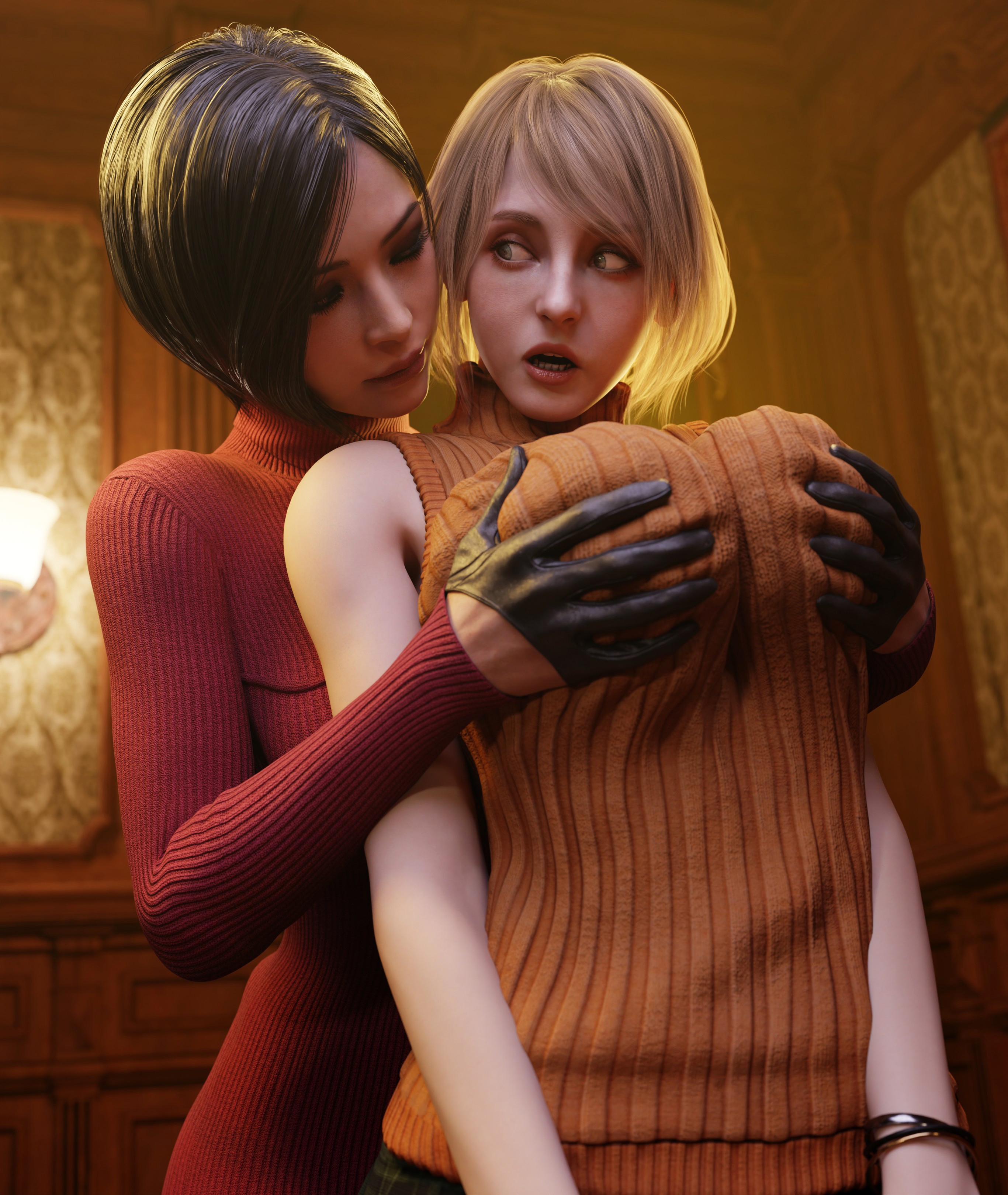 2girls, 3d, ada wong, ada wong (adriana), ashley graham, ashley graham (ella freya), batesz, big breasts, black gloves, black hair, blonde hair, breast grab, breasts, capcom, female, fully clothed, gloves, groping, groping breasts, hi res, huge breasts, leather gloves, lesbian, light skin, light-skinned female, naughty face, resident evil, resident evil 4, resident evil 4 remake, short hair, yuri