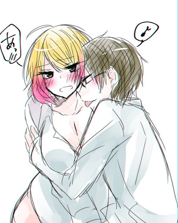 1boy 1girls angels_of_death arm_under_breast big_breasts blonde_hair blush brown_hair catherine_ward daniel_dickens glasses holding_arm japanese_text licking licking_neck musical_note only_shirt pink_hair satsuriku_no_tenshi speech_bubble two_tone_hair unbuttoned_shirt white_background white_shirt white_skin