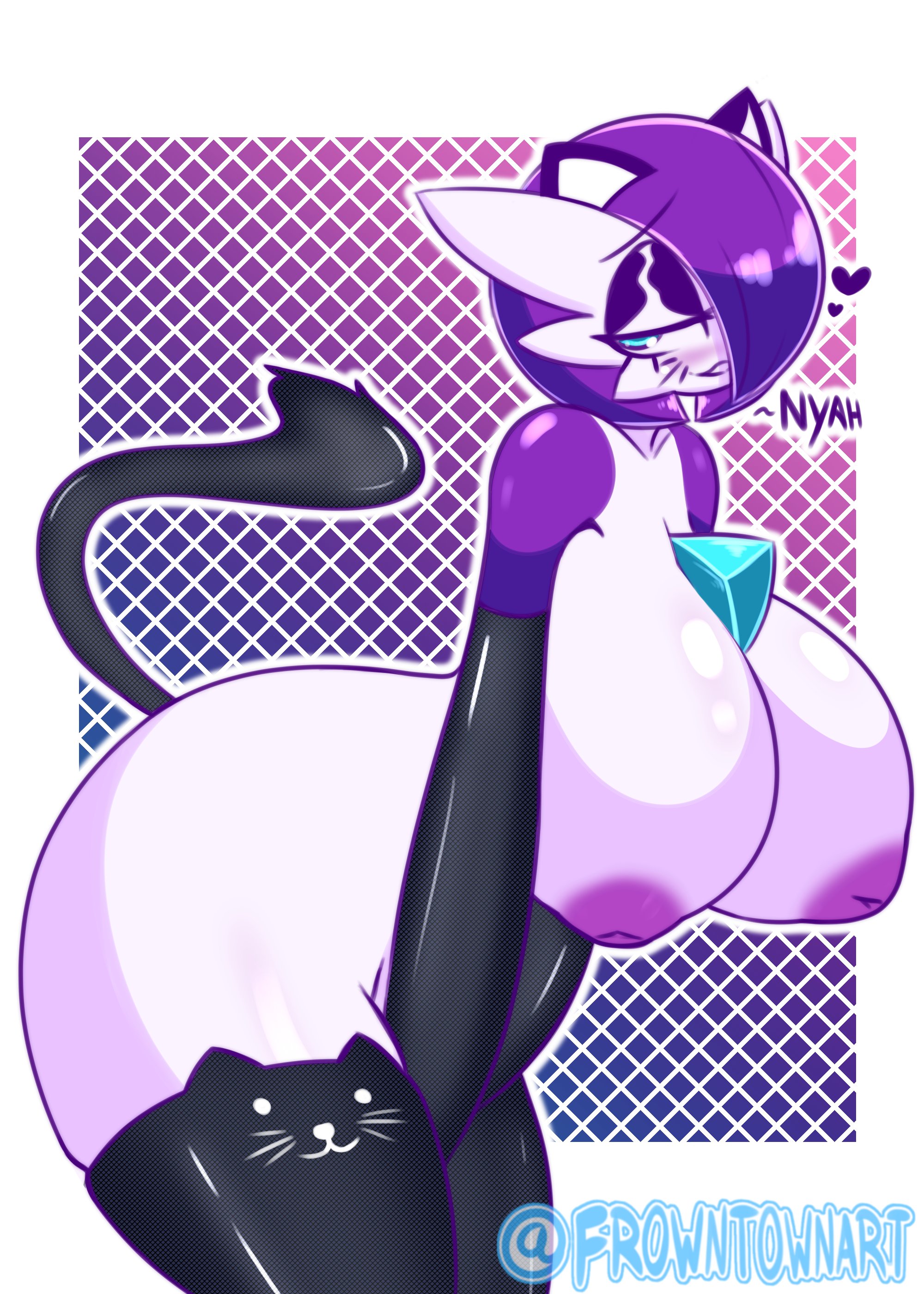 1girls, anthro, anthrofied, areolae, big breasts, blue eyes, breasts, cat ears, cat tail, elbow gloves, female, frowntown, gardevoir, gloves, half-closed eyes, huge breasts, huge thighs, inverted nipples, large breasts, latex, latex gloves, lav (frowntown), nintendo, pokemon, pokemon (species), pokemon rse, purple skin, text, thick thighs, thigh gap, thighhighs, white skin, wide hips