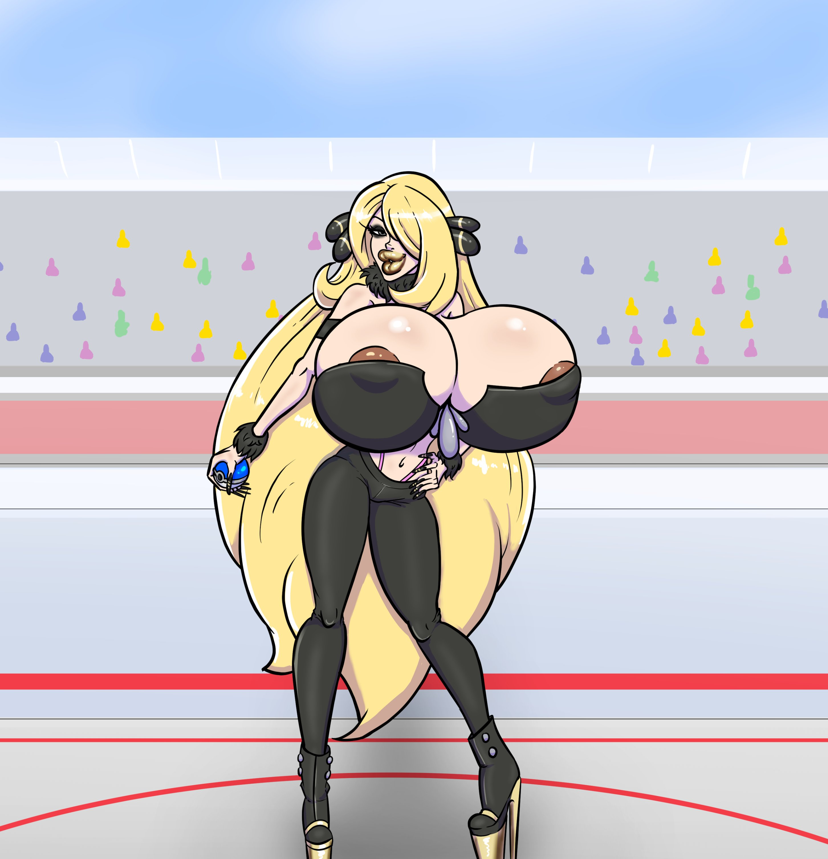 1girls, areola, areola slip, areolae, areolae slip, bare shoulders, big lips, bimbo, bimbo body, bimbo lips, bimbofication, bimbofied, black eyes, black eyeshadow, black nail polish, black nails, black pants, black shoes, black topwear, blonde hair, bradtanker3, breasts, breasts bigger than head, brown areola, brown areolae, cleavage, clothed, clothed female, clothing, cynthia (pokemon), eyeshadow, female, female only, full lips, golden lipstick, hair ornament, hair over eye, hair over one eye, heeled shoes, high heel boots, high heels, holding poke ball, holding pokeball, huge breasts, light skin, light-skinned female, lipstick, long hair, long nails, makeup, midriff, nail polish, navel, nintendo, nipple bulge, pants, platform heels, poke ball, pokeball, pokemon, pokemon dppt, shoes, slim waist, small waist, top heavy