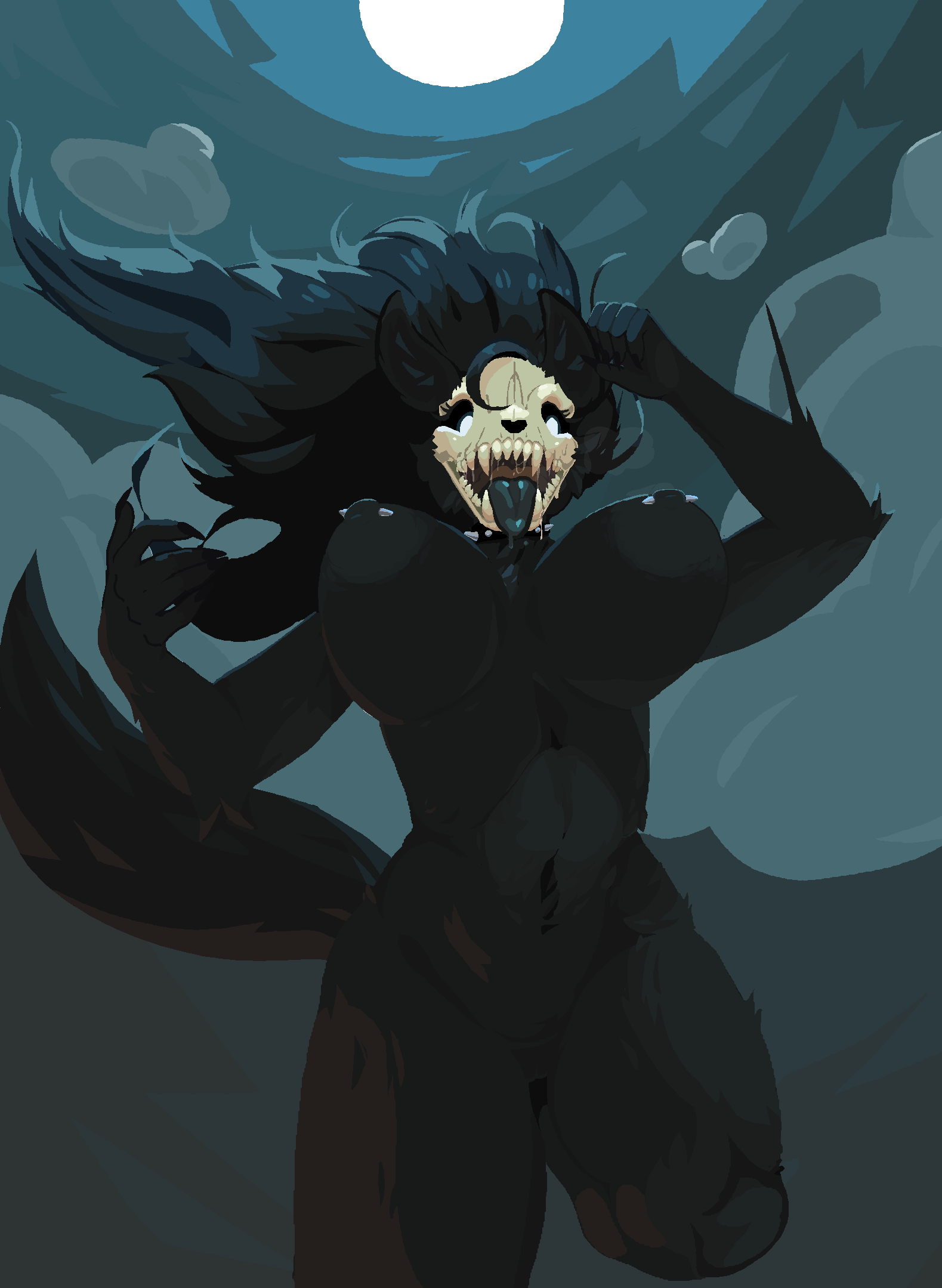 anthro black_body black_fur black_hair black_sclera black_tongue bone breasts clothed clothing dorans_flea fangs female full_moon fur genitals hair hi_res light mal0 malo moon moonlight night nipple_piercing nipples nude piercing pussy scp-1471 scp-1471-a scp_foundation skull skull_head sky solo teeth tongue tongue_out under_boob white_eyes