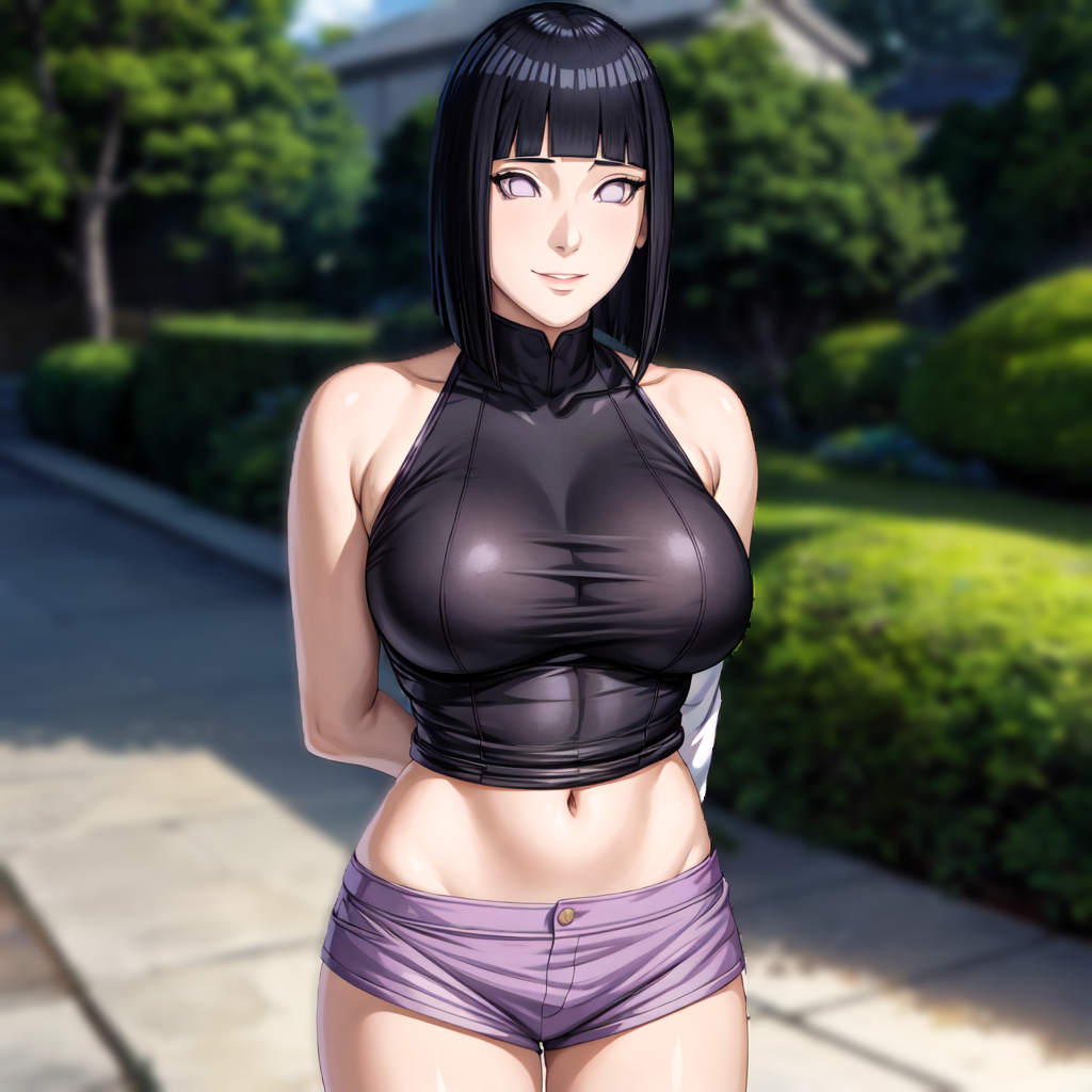 ai generated, arms behind head, big breasts, boruto: naruto next generations, breasts, crop top, female, hyuuga hinata, large breasts, naruto, naruto (series), short shorts, stable diffusion, uzumaki hinata
