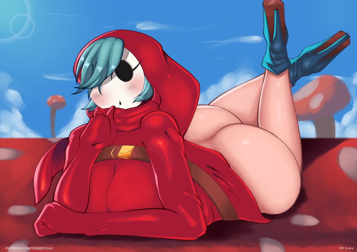 1girls, ass, big ass, blue hair, bottomless, breasts, clothing, feet up, female, female only, high heels, huge ass, l-a-v, large ass, light skin, light-skinned female, lying, mario (series), mask, mushroom, nintendo, on stomach, outdoors, pale skin, pale-skinned female, shy gal, sky, solo, super mario bros., thick ass, thick thighs, thighs