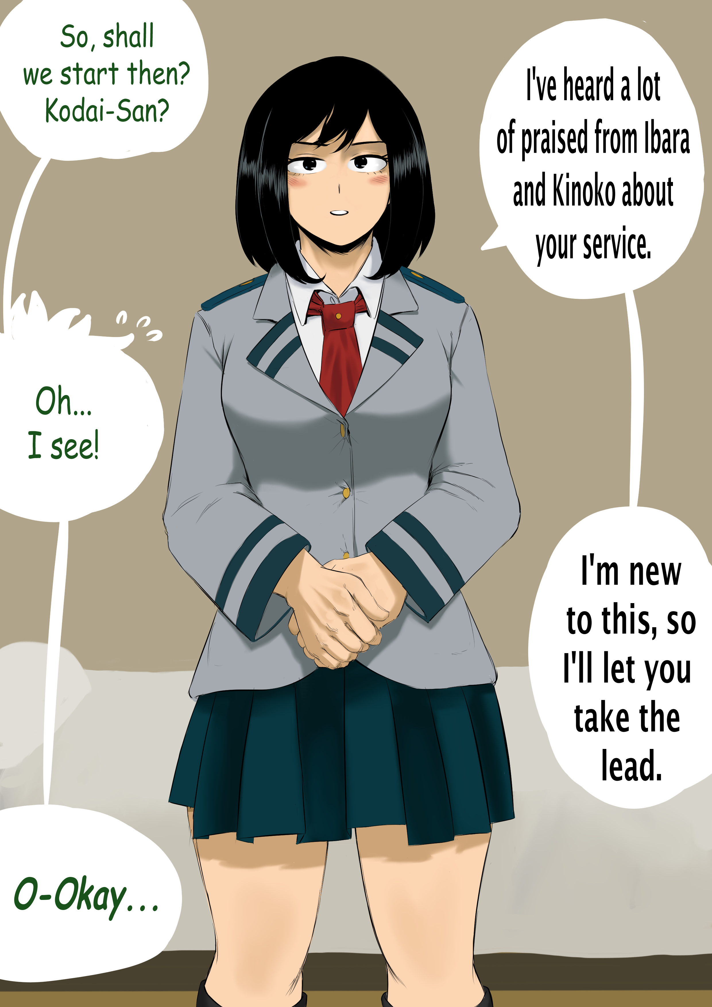 1boy, 1girls, amano44, bed, bedroom, black eyes, black hair, black-haired female, blush, blush lines, class 1b, female, imminent sex, izuku midoriya, kodai yui, looking at viewer, male, midoriya izuku, my hero academia, school uniform, skirt, speech bubble, u.a. school uniform, yui kodai