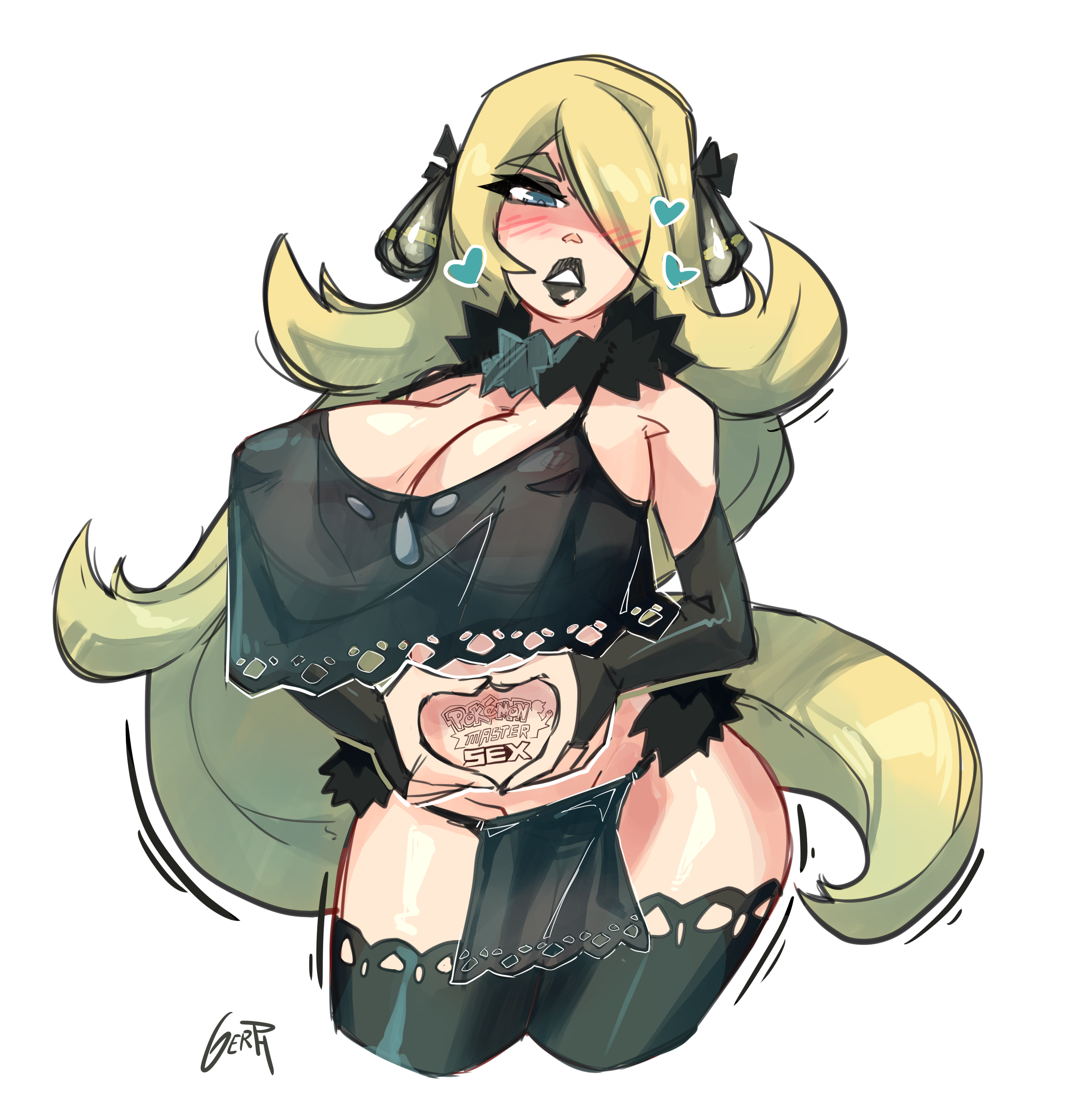 1girls, belly tattoo, big breasts, black lipstick, breasts, cleavage, condom, condom accessories, condom hair ornament, cynthia (pokemon), female, female only, gerph, huge breasts, large breasts, looking at viewer, pokemon, pokemon dppt, solo, thighhighs, used condom