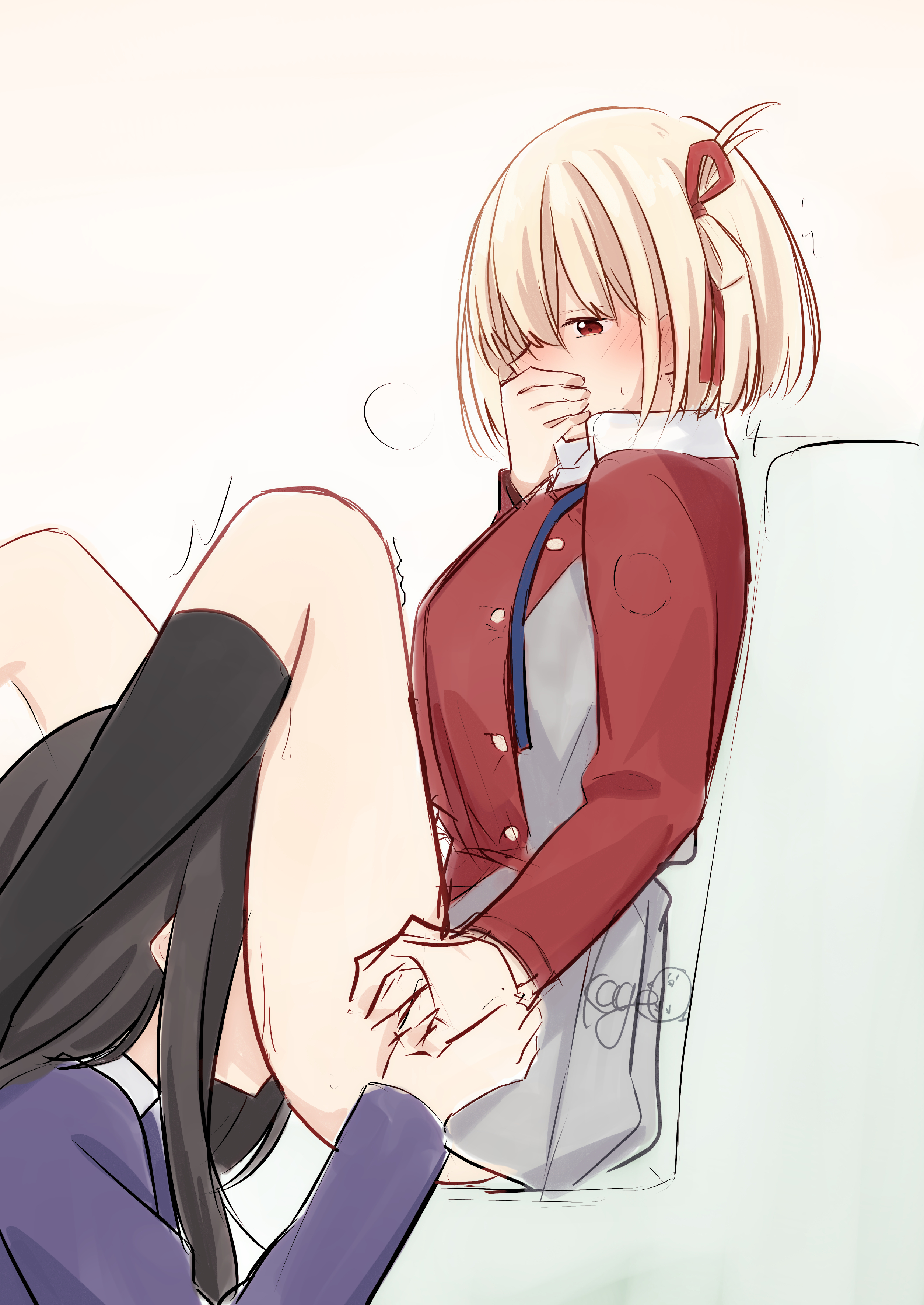 2girls, black hair, black socks, blond hair, blue jacket, cunnilingus, female, grey skirt, inoue takina, looking pleasured, lycoris recoil, multiple females, multiple girls, nishikigi chisato, pussy, pussy licking, red jacket, size difference, yuri