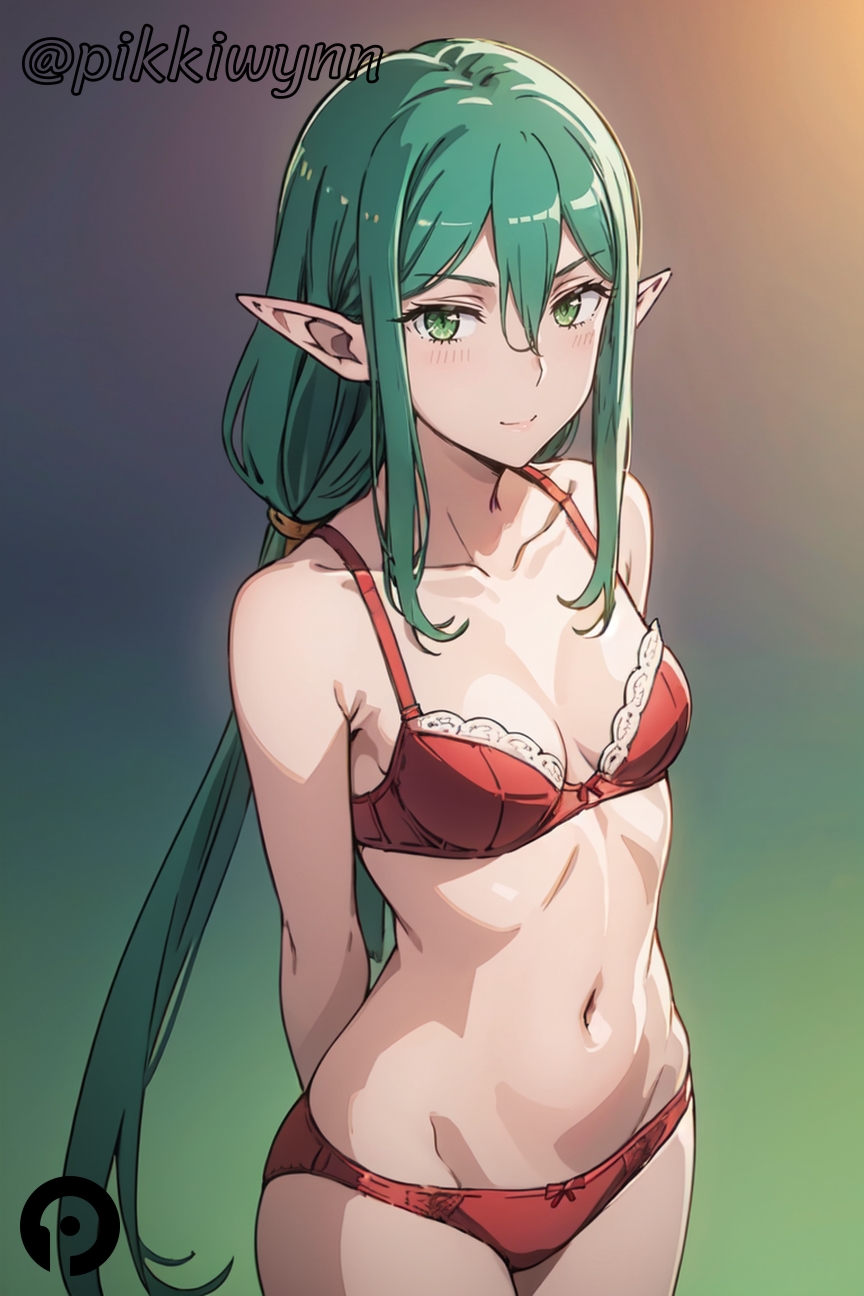 ai_generated arms_behind_back blush bra breasts closed_mouth collarbone dungeon_ni_deai_wo_motomeru_no_wa_machigatteiru_darou_ka elf female gradient_background green_eyes green_hair hair_between_eyes long_hair looking_at_viewer navel panties pikkiwynn pointy_ears red_bra red_panties riveria_ljos_alf small_breasts solo underwear underwear_only